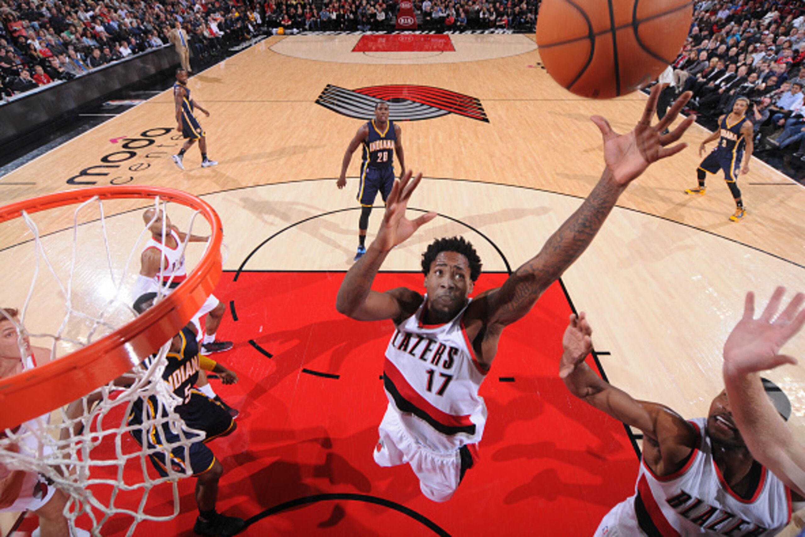 PORTLAND, OR - DECEMBER 3:  Ed Davis #17 of the Portland Trail Blazers grabs the rebound against the Indiana Pacers on December 3, 2015 at the Moda Center in Portland, Oregon. NOTE TO USER: User expressly acknowledges and agrees that, by downloading and o