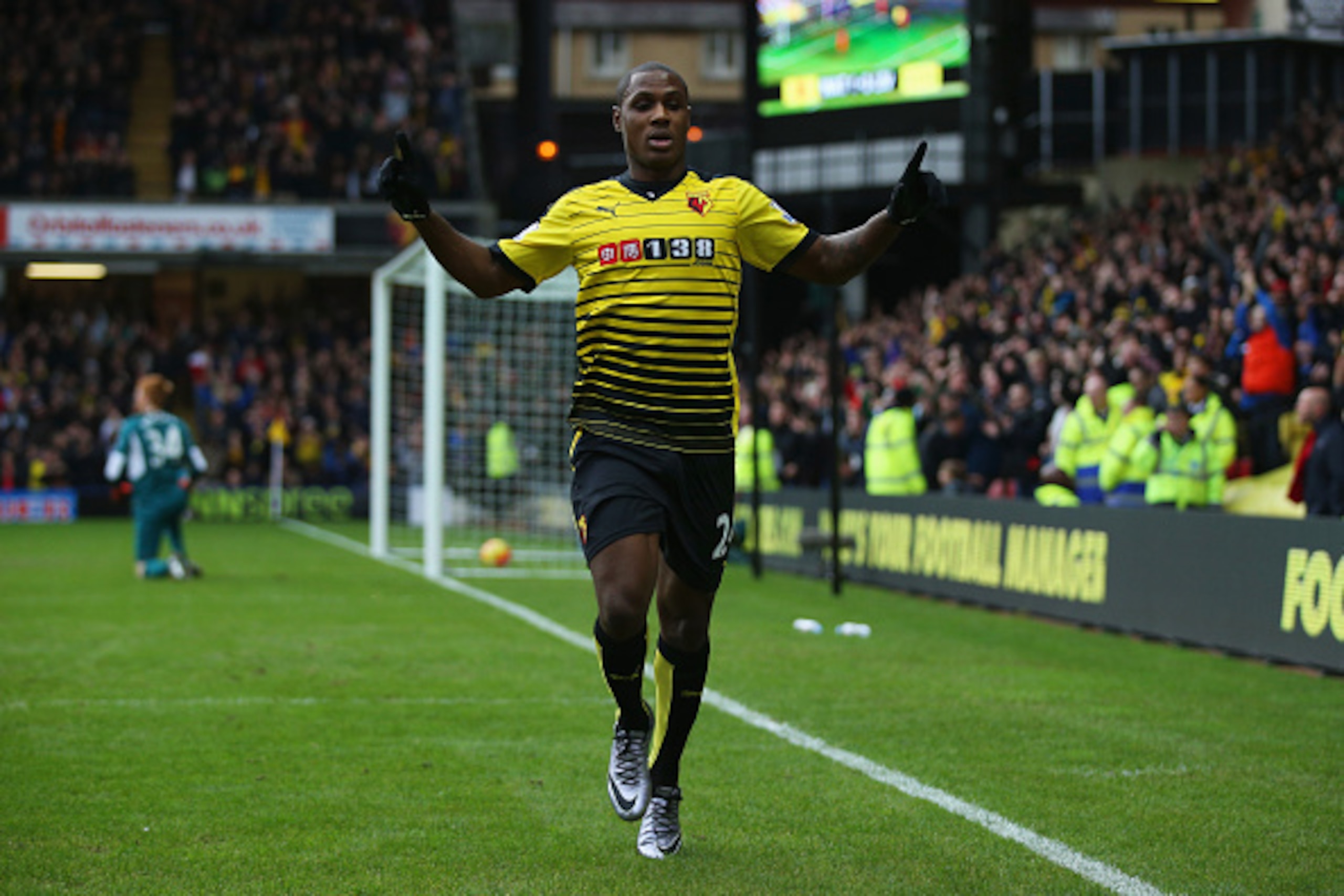 WATFORD, ENGLAND - DECEMBER 20:  Odion Ighalo of Watford celebrates as he scores their second goal during the Barclays Premier League match between Watford and Liverpool at Vicarage Road on December 20, 2015 in Watford, England.  (Photo by Ian Walton/Gett