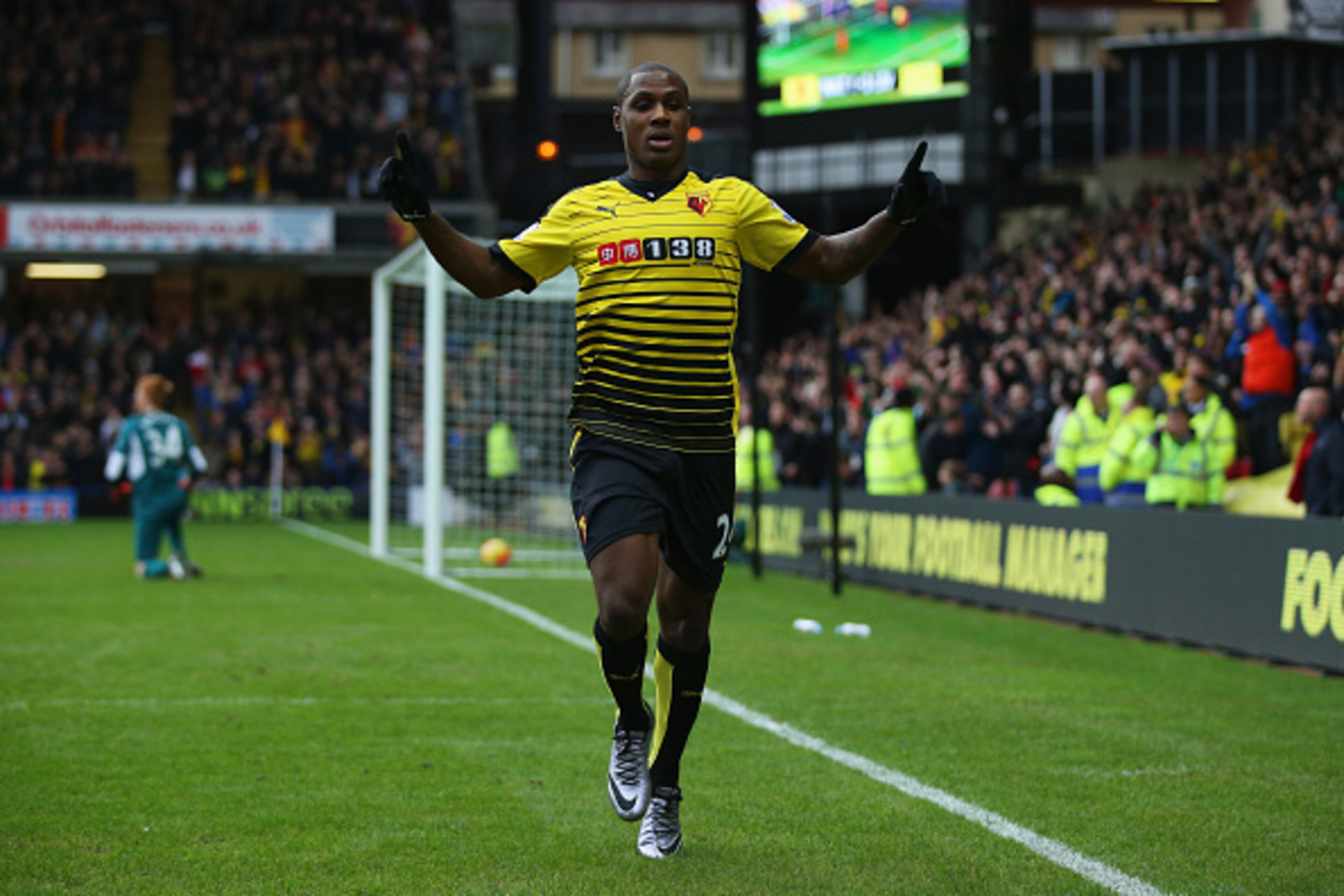 WATFORD, ENGLAND - DECEMBER 20:  Odion Ighalo of Watford celebrates as he scores their second goal during the Barclays Premier League match between Watford and Liverpool at Vicarage Road on December 20, 2015 in Watford, England.  (Photo by Ian Walton/Gett