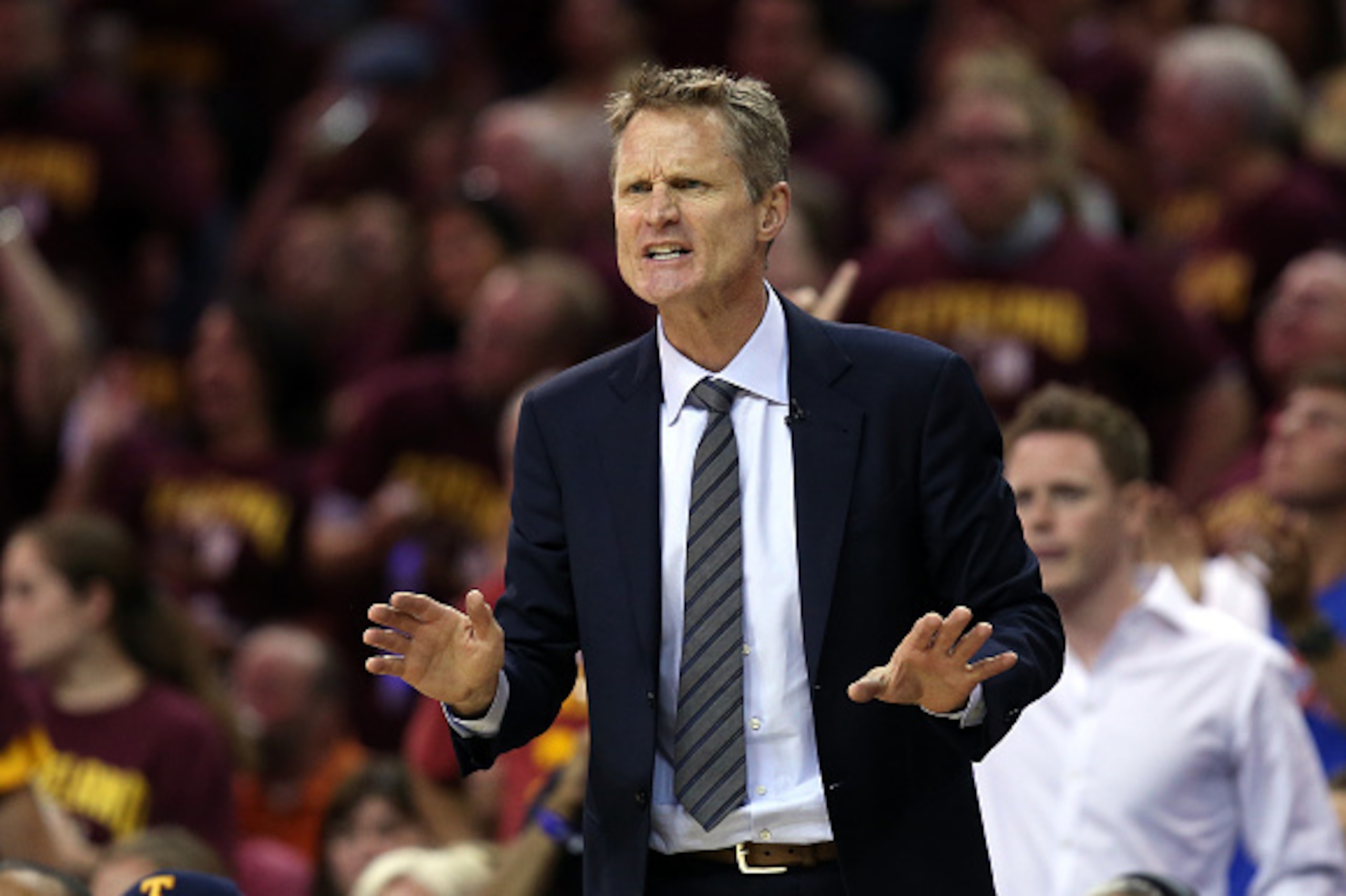CLEVELAND, OH - JUNE 16:  Head coach Steve Kerr of the Golden State Warriors reacts against the Cleveland Cavaliers during Game Six of the 2015 NBA Finals at Quicken Loans Arena on June 16, 2015 in Cleveland, Ohio. NOTE TO USER: User expressly acknowledge
