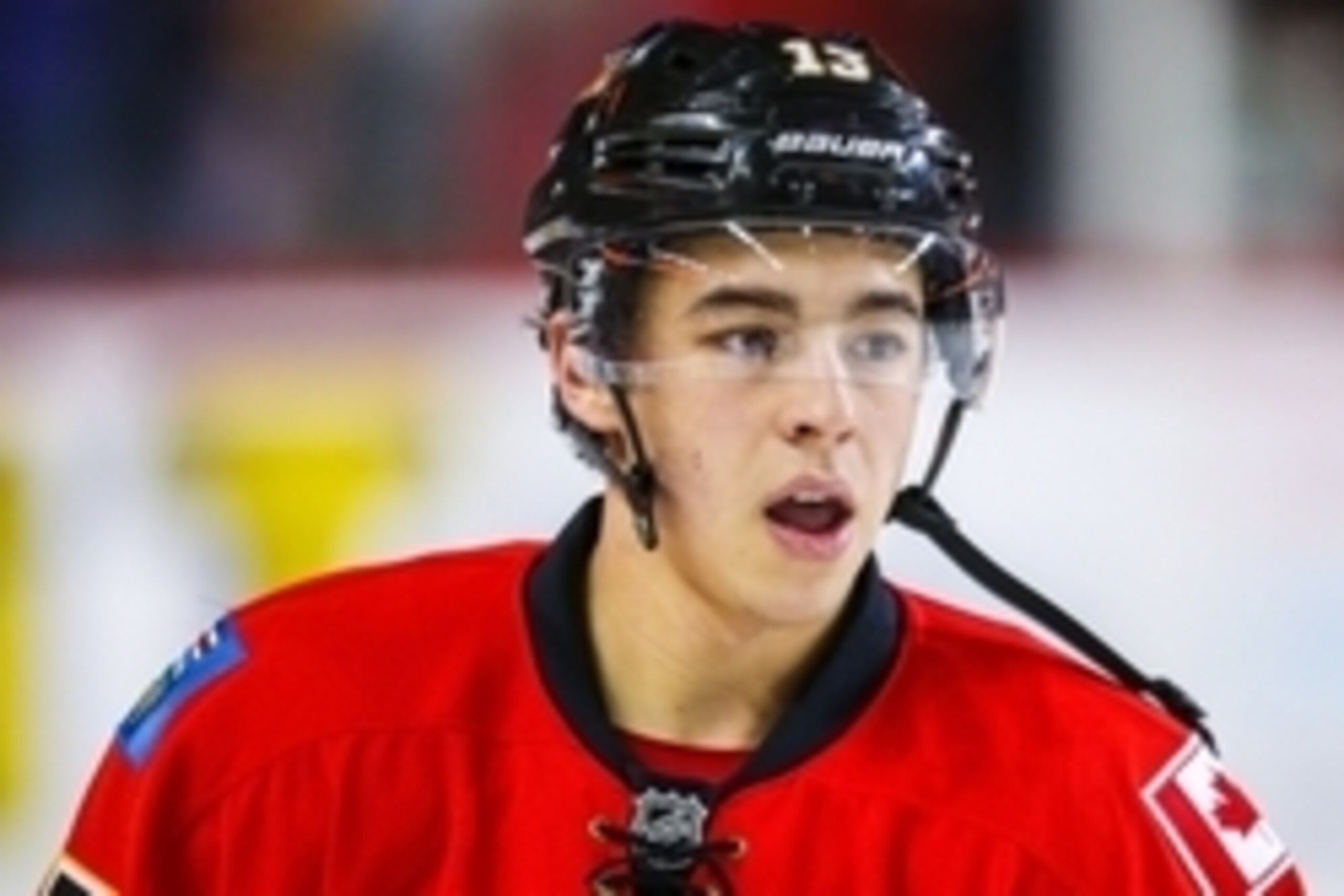 Dec 10, 2015; Calgary, Alberta, CAN; Calgary Flames left wing Johnny Gaudreau (13) during the warmup period against the Buffalo Sabres at Scotiabank Saddledome. Mandatory Credit: Sergei Belski-USA TODAY Sports