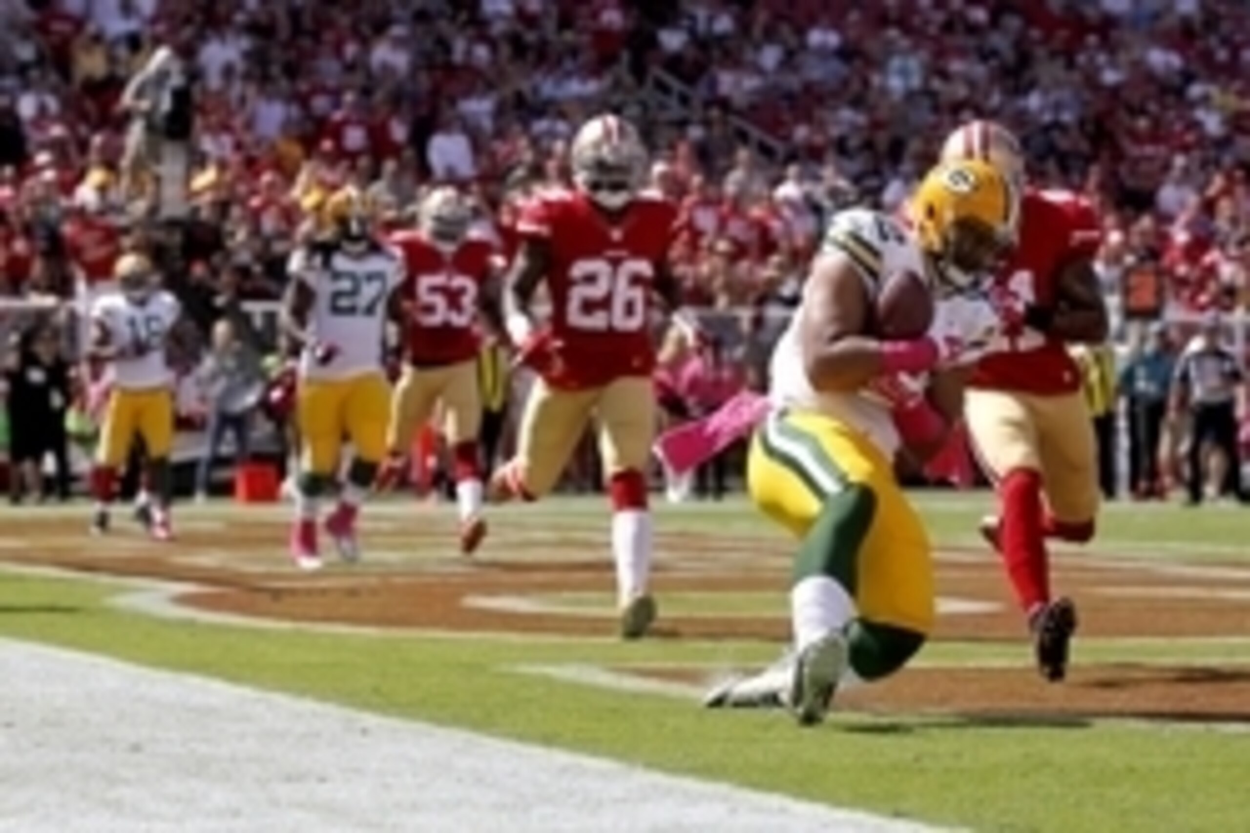 Oct 4, 2015; Santa Clara, CA, USA; Green Bay Packers tight end Richard Rodgers (82) catches a touchdown against the San Francisco 49ers in the first quarter at Levi's Stadium. Mandatory Credit: Cary Edmondson-USA TODAY Sports