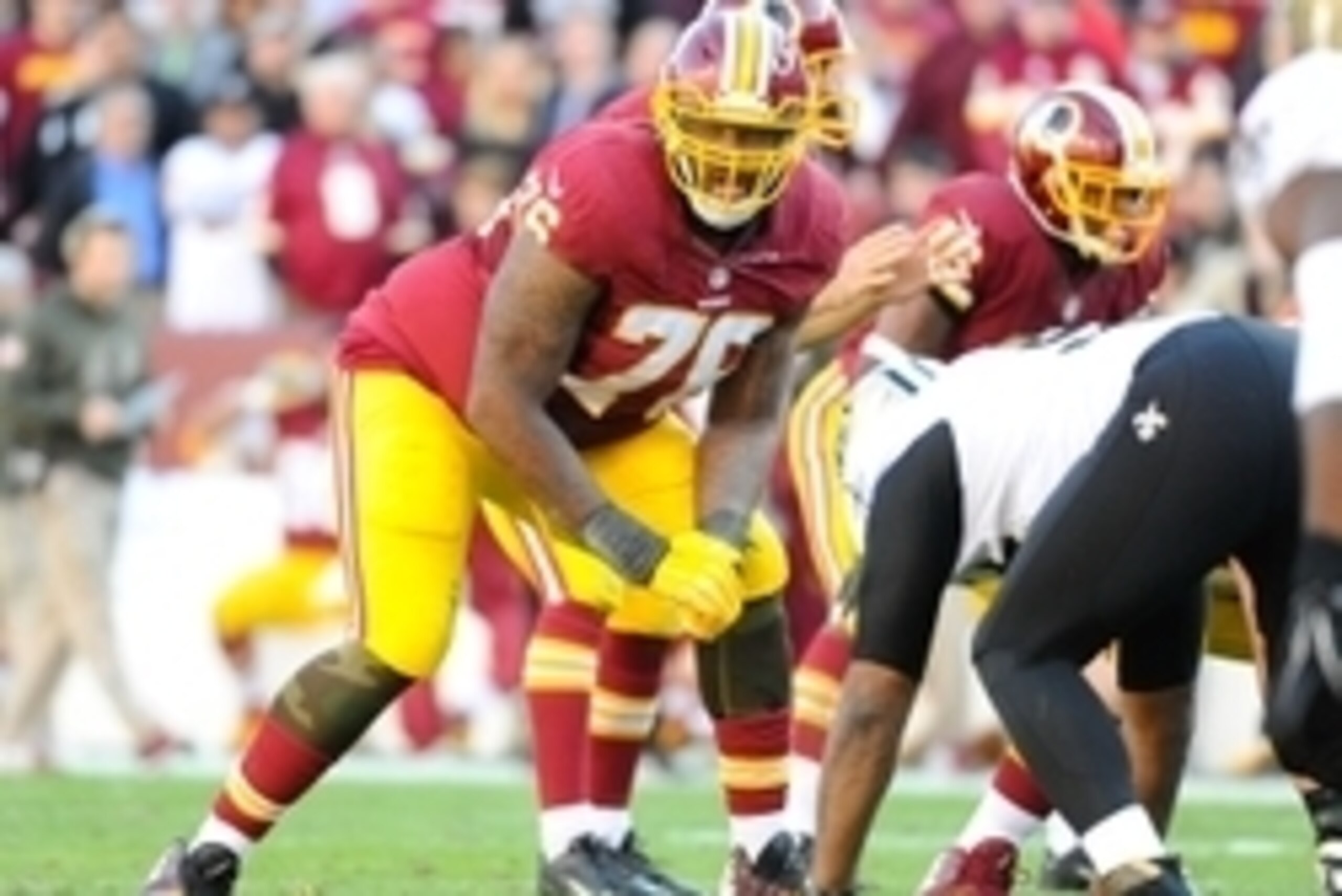 Nov 15, 2015; Landover, MD, USA; Washington Redskins tackle Morgan Moses (76) at the line of scrimmage against the New Orleans Saints during the second half at FedEx Field. Mandatory Credit: Brad Mills-USA TODAY Sports