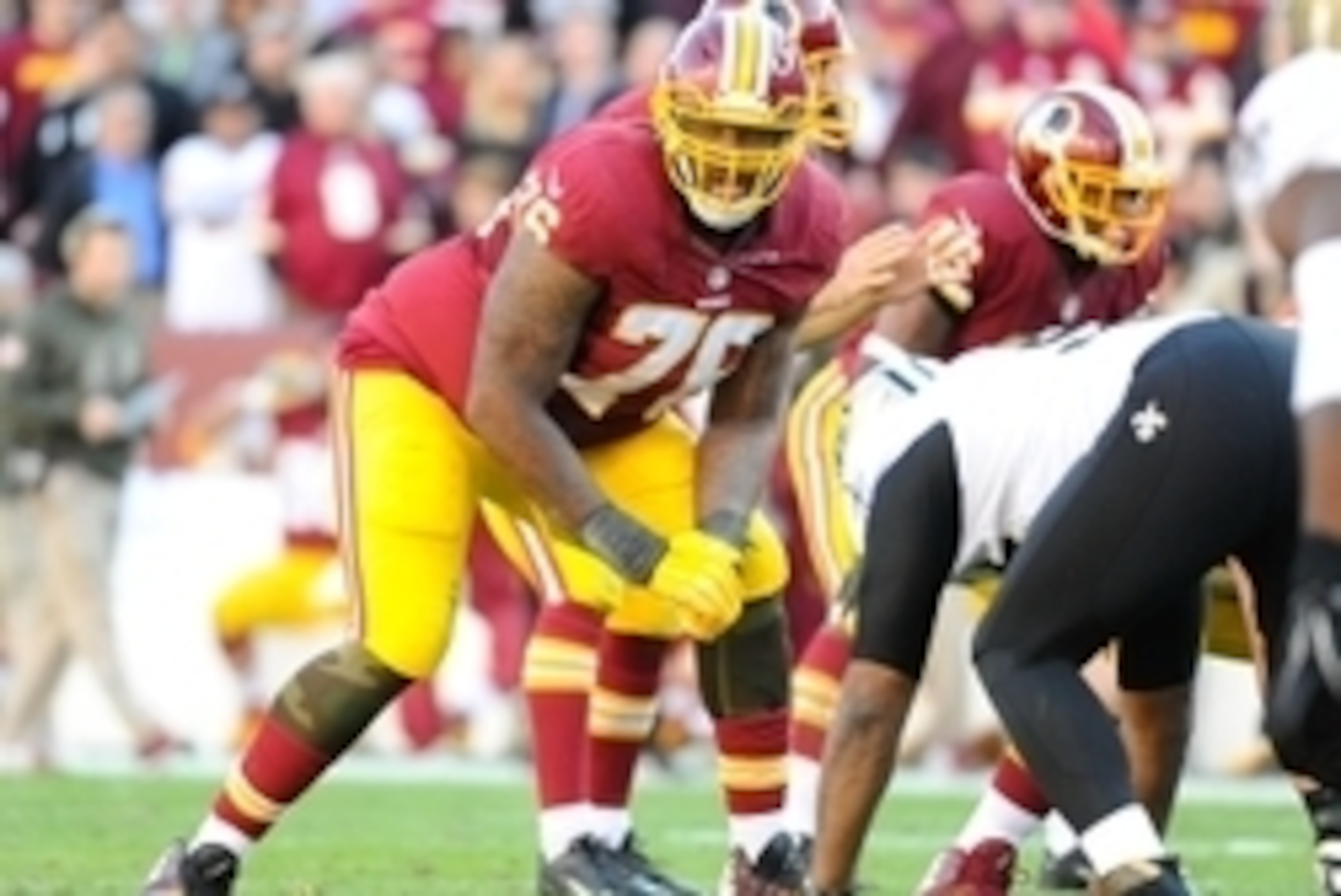 Nov 15, 2015; Landover, MD, USA; Washington Redskins tackle Morgan Moses (76) at the line of scrimmage against the New Orleans Saints during the second half at FedEx Field. Mandatory Credit: Brad Mills-USA TODAY Sports