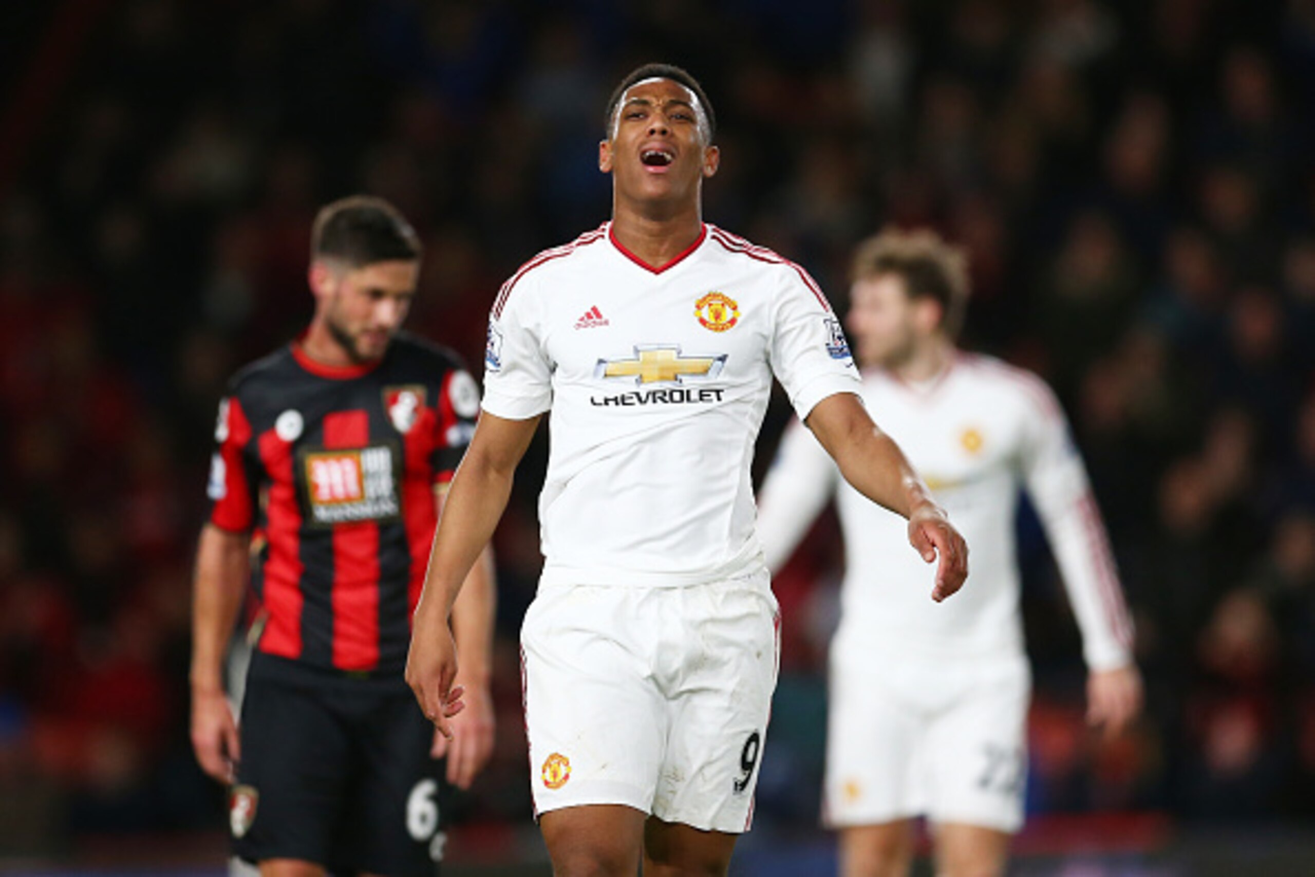 BOURNEMOUTH, ENGLAND - DECEMBER 12: Anthony Martial of Manchester United reacts during the Barclays Premier League match between A.F.C. Bournemouth and Manchester United at Vitality Stadium on December 12, 2015 in Bournemouth, United Kingdom.  (Photo by S