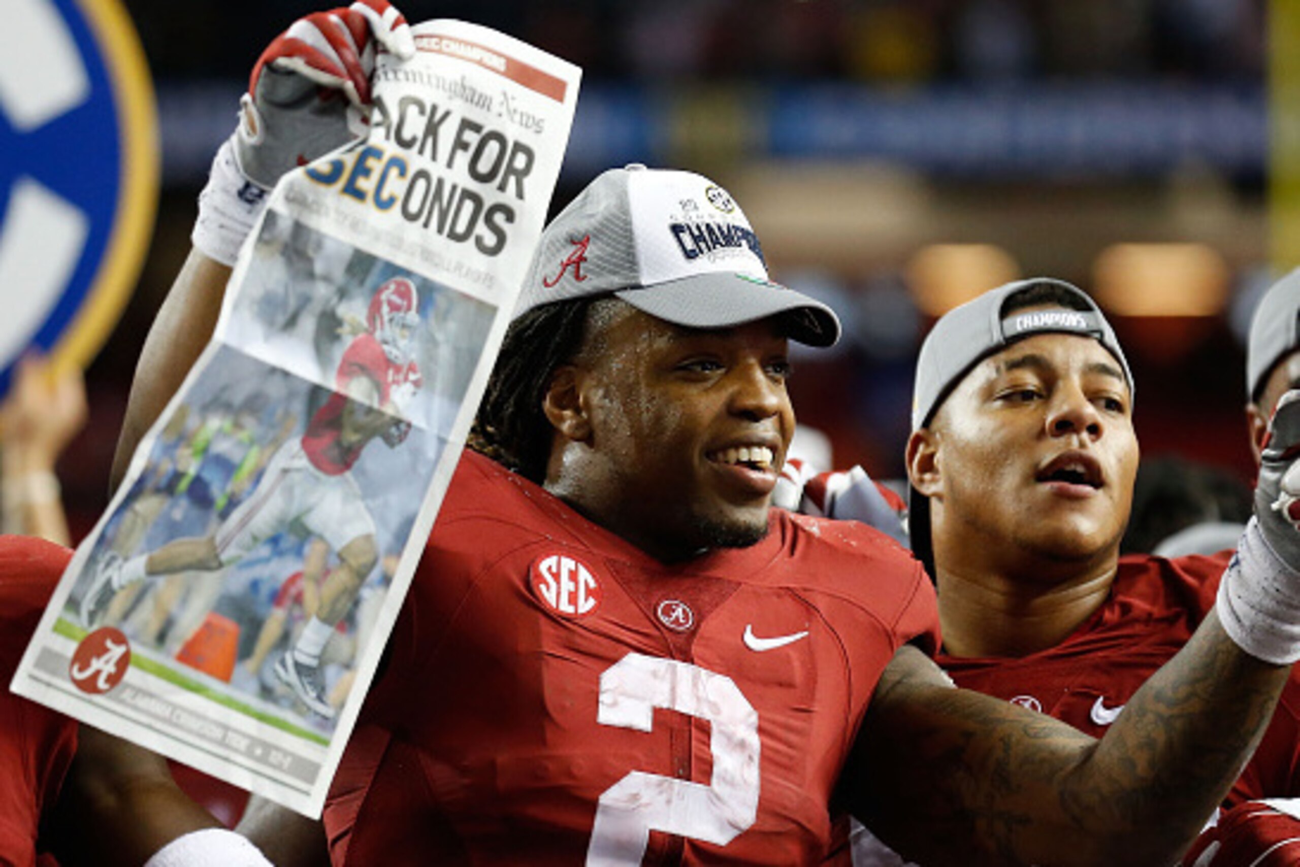 ATLANTA, GA - DECEMBER 05:  Running back Derrick Henry #2 of the Alabama Crimson Tide celebrates after the SEC Championship game against the Florida Gators at Georgia Dome on December 5, 2015 in Atlanta, Georgia.  (Photo by Mike Zarrilli/Getty Images)