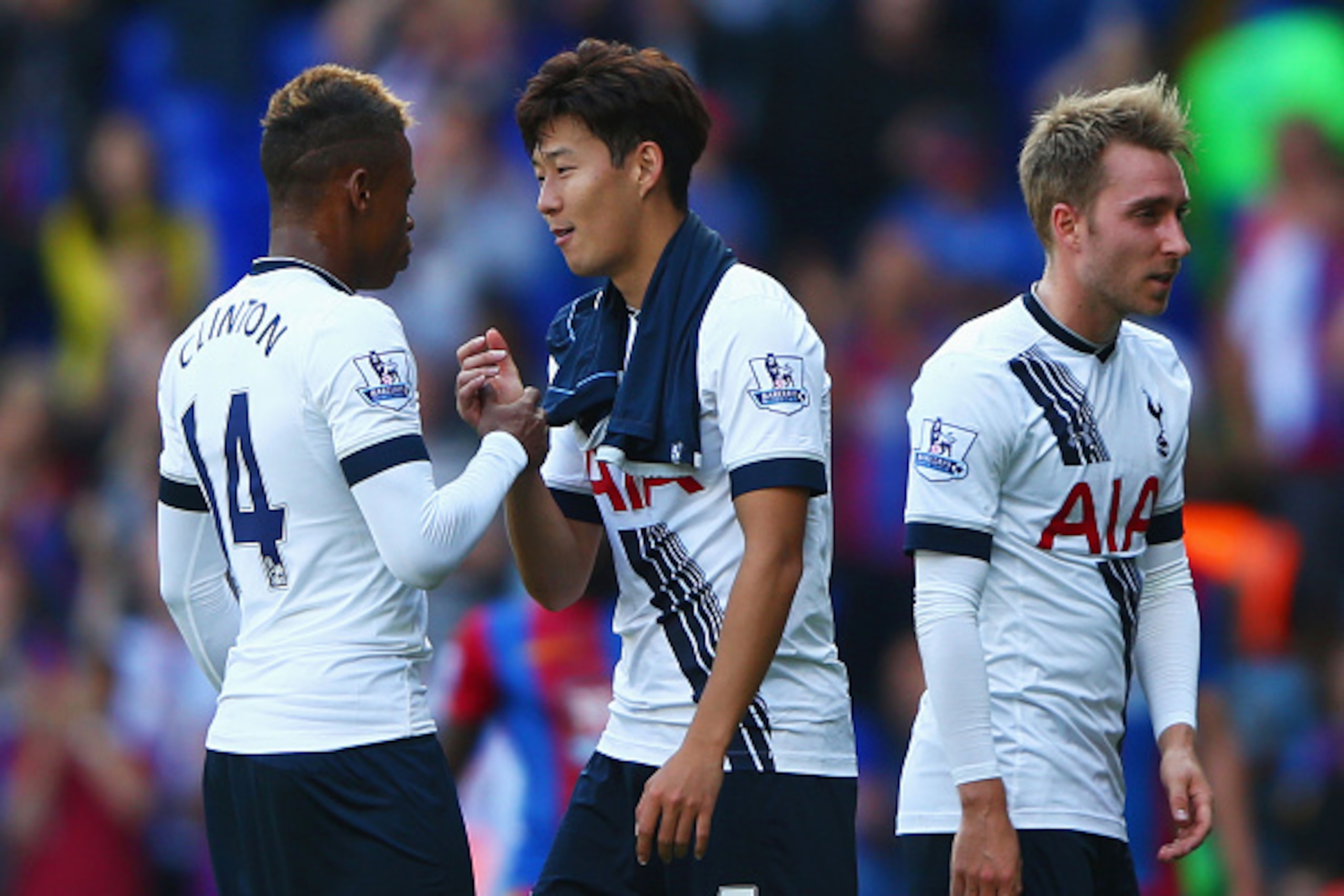 LONDON, ENGLAND - SEPTEMBER 20: Clinton N'Jie of Tottenham Hotspur shakes hands with Son Heung-Min of Tottenham Hotspur after the Barclays Premier League match between Tottenham Hotspur and Crystal Palace at White Hart Lane on September 20, 2015 in London