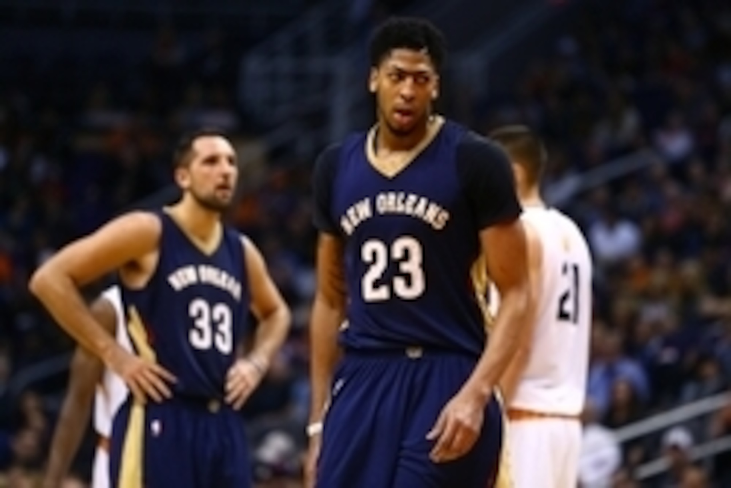 Nov 25, 2015; Phoenix, AZ, USA; New Orleans Pelicans forward Anthony Davis (23) and forward Ryan Anderson (33) against the Phoenix Suns at Talking Stick Resort Arena. The Pelicans defeated the Suns 120-114. Mandatory Credit: Mark J. Rebilas-USA TODAY Spor