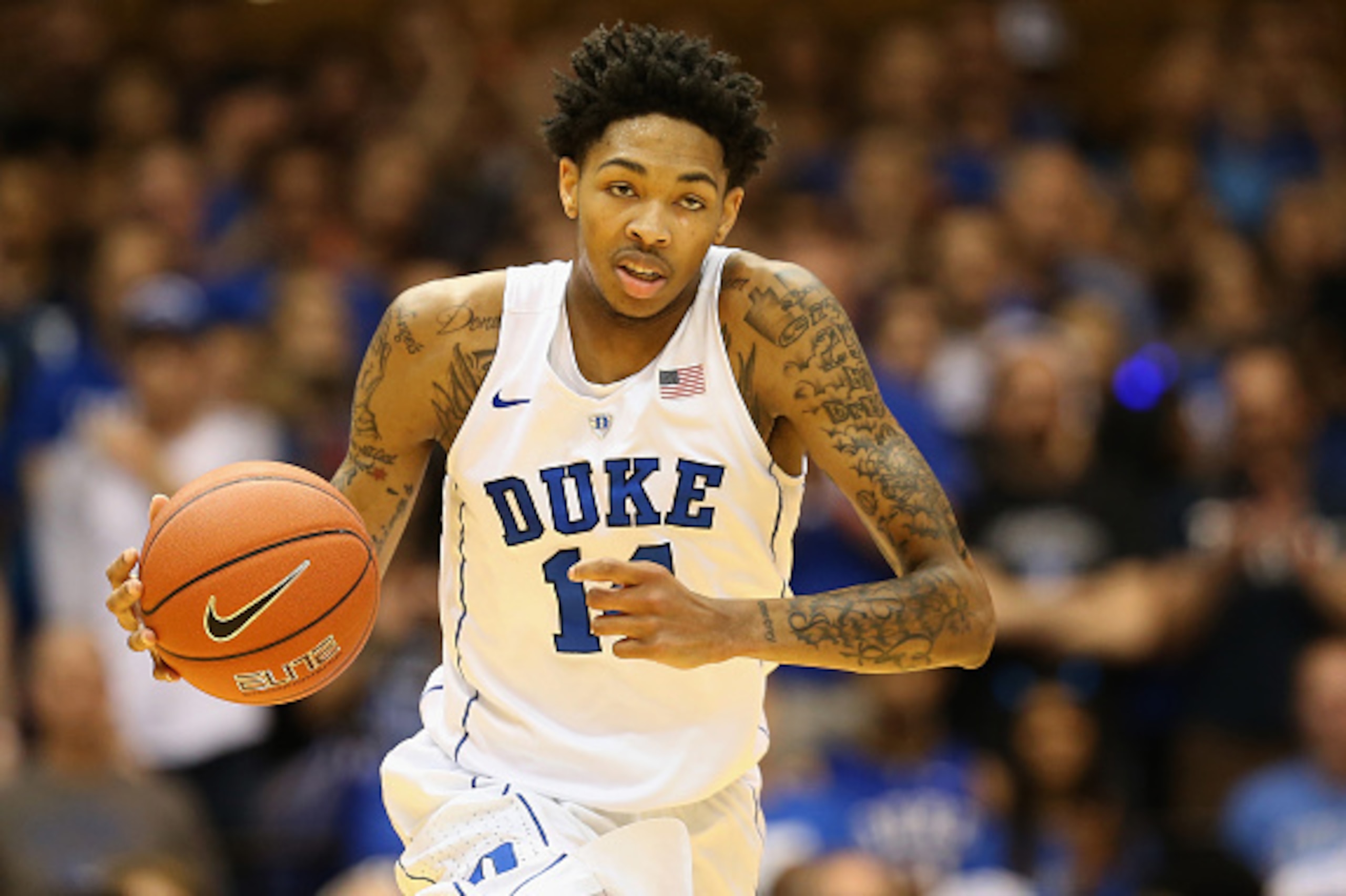 DURHAM, NC - DECEMBER 15:  Brandon Ingram #14 of the Duke Blue Devils brings the ball up the court against the Georgia Southern Eagles during their game at Cameron Indoor Stadium on December 15, 2015 in Durham, North Carolina.  (Photo by Streeter Lecka/Ge