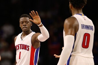 AUBURN HILLS, MI - OCTOBER 28: Reggie Jackson #1 and Andre Drummond #0 of the Detroit Pistons celebrate in the fourth quarter while playing the Utah Jazz at the Palace of Auburn Hills on October 28, 2015 in Auburn Hills, Michigan. Detroit won the game 92-