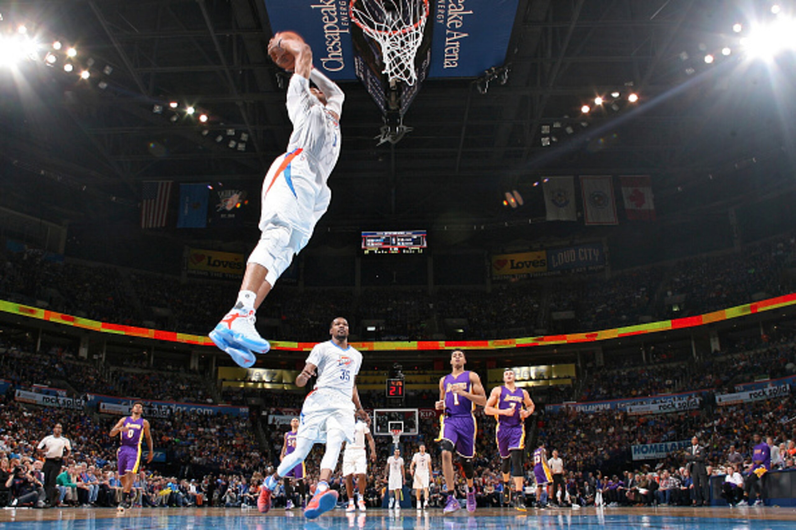 OKLAHOMA CITY, OK- DECEMBER 19: Russell Westbrook #0 of the Oklahoma City Thunder goes up for a dunk against the Los Angeles Lakers on December 19, 2015 at Chesapeake Energy Arena in Oklahoma City, Oklahoma. NOTE TO USER: User expressly acknowledges and OKLAHOMA CITY, OK- DECEMBER 19: Russell Westbrook #0 of the Oklahoma City Thunder goes up for a dunk against the Los Angeles Lakers on December 19, 2015 at Chesapeake Energy Arena in Oklahoma City, Oklahoma. NOTE TO USER: User expressly acknowledges and