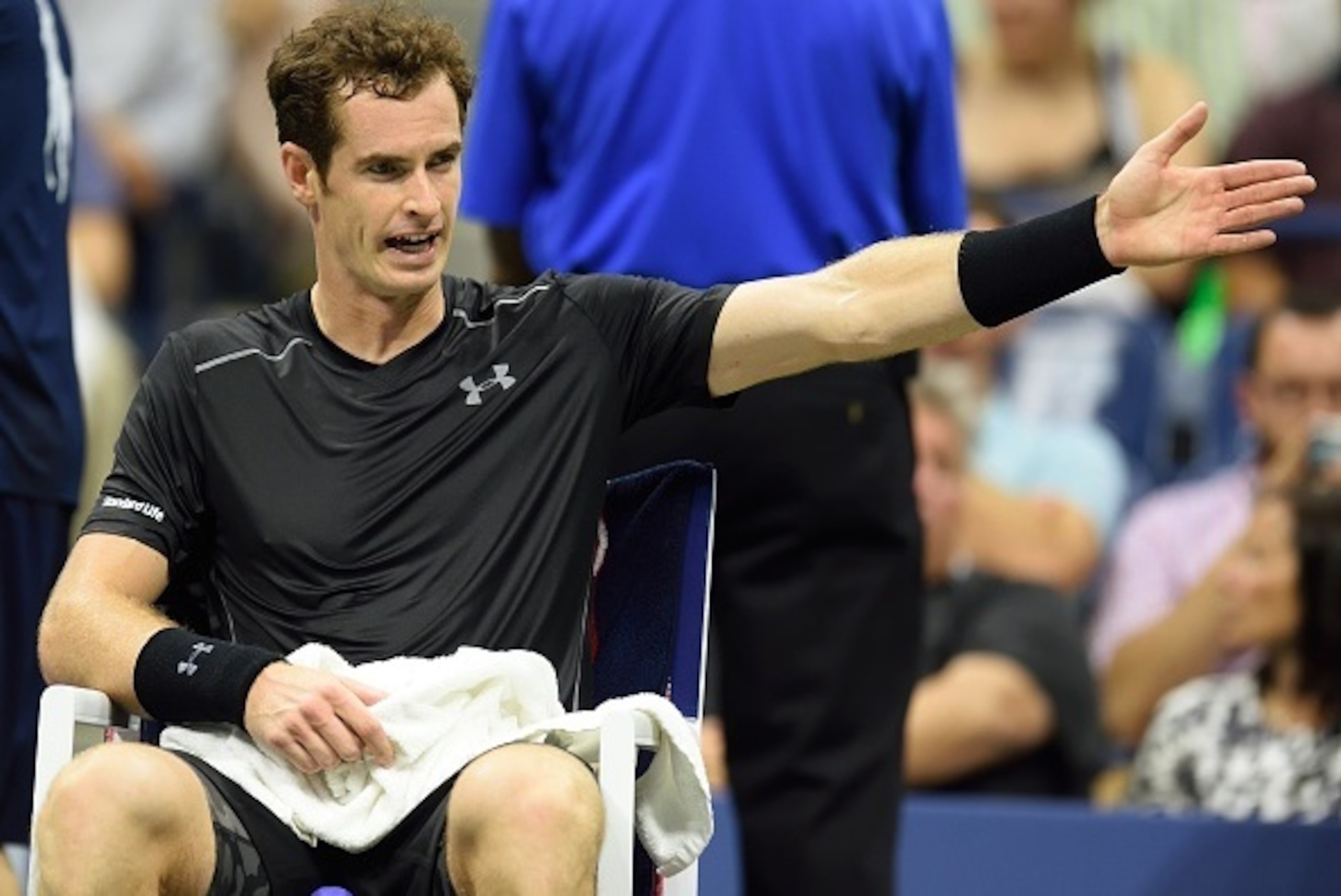 Andy Murray of Great Britain yells during a break while playing Nick Kyrgios of Australia during their US Open 2015 first round men's singles match at the USTA Billie Jean King National Center September 1, 2015  in New York. AFP PHOTO/DON EMMERT        (P