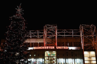 MANCHESTER, ENGLAND - DECEMBER 02:  A christmas tree is seen outside Old Trafford prior to the Barclays Premier League match between Manchester United and Stoke City at Old Trafford on December 2, 2014 in Manchester, England.  (Photo by Alex Livesey/Getty