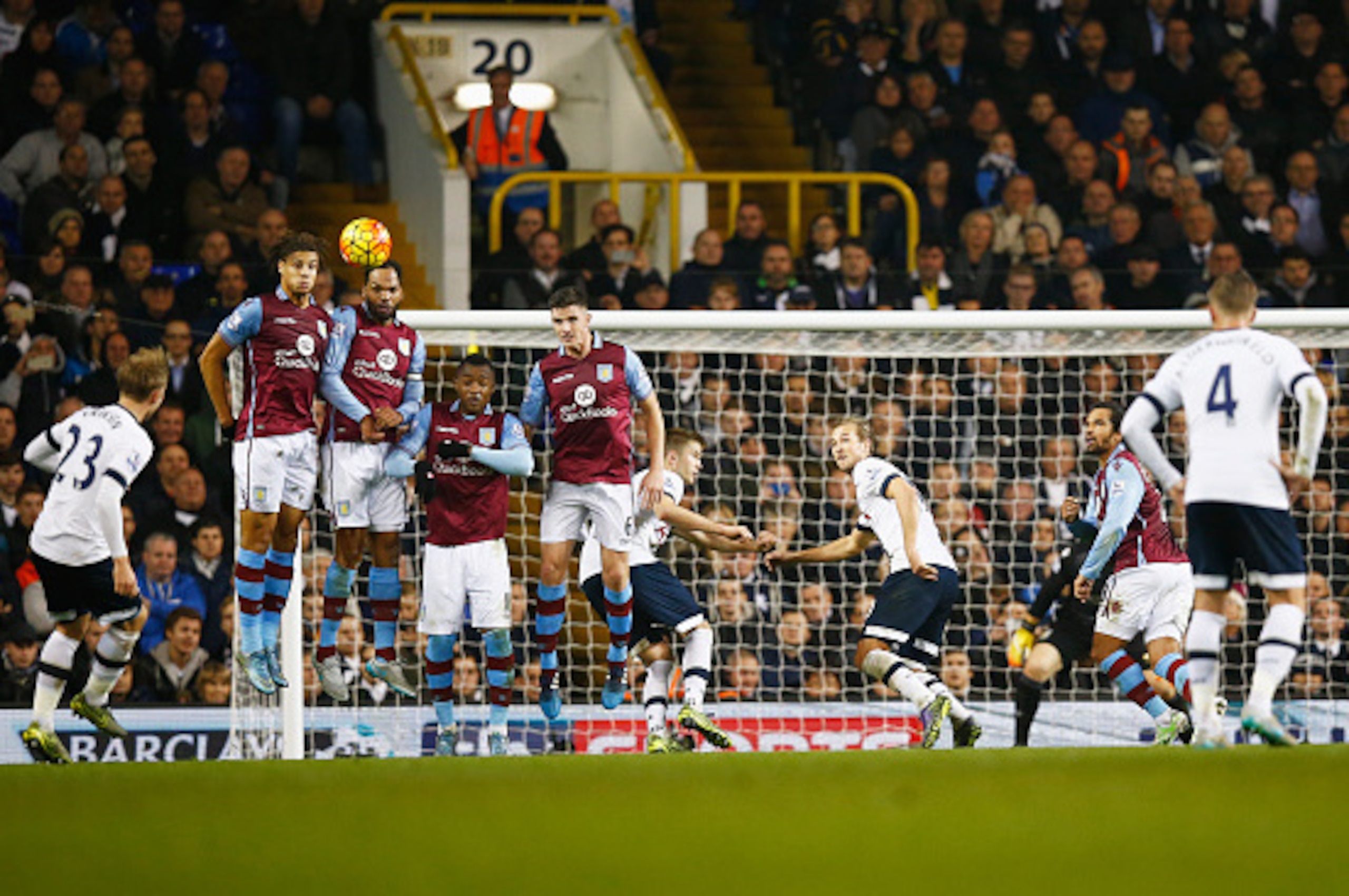 LONDON, ENGLAND - NOVEMBER 02:  Christian Eriksen of Tottenham Hotspur shoots from a free kick during the Barclays Premier League match between Tottenham Hotspur and Aston Villa at White Hart Lane on November 2, 2015 in London, England.  (Photo by Mike He
