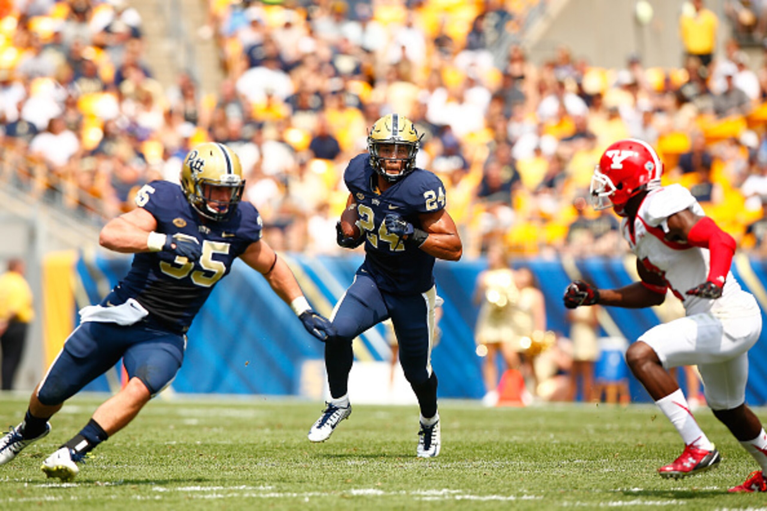 PITTSBURGH, PA - SEPTEMBER 05: James Conner #24 of the Pittsburgh Panthers runs with the ball in the first half against the Youngstown State Penguins during the game at Heinz Field on September 5, 2015 in Pittsburgh, Pennsylvania.  (Photo by Jared Wickerh