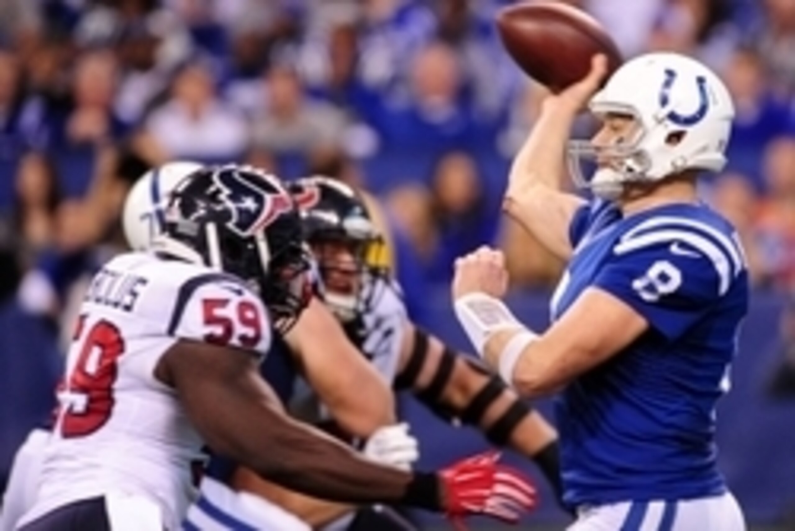 Dec 20, 2015; Indianapolis, IN, USA; Indianapolis Colts quarterback Matt Hasselbeck (8) throws the ball against the Houston Texans in the second half. The Texans won 16-10 at Lucas Oil Stadium. Mandatory Credit: Thomas J. Russo-USA TODAY Sports