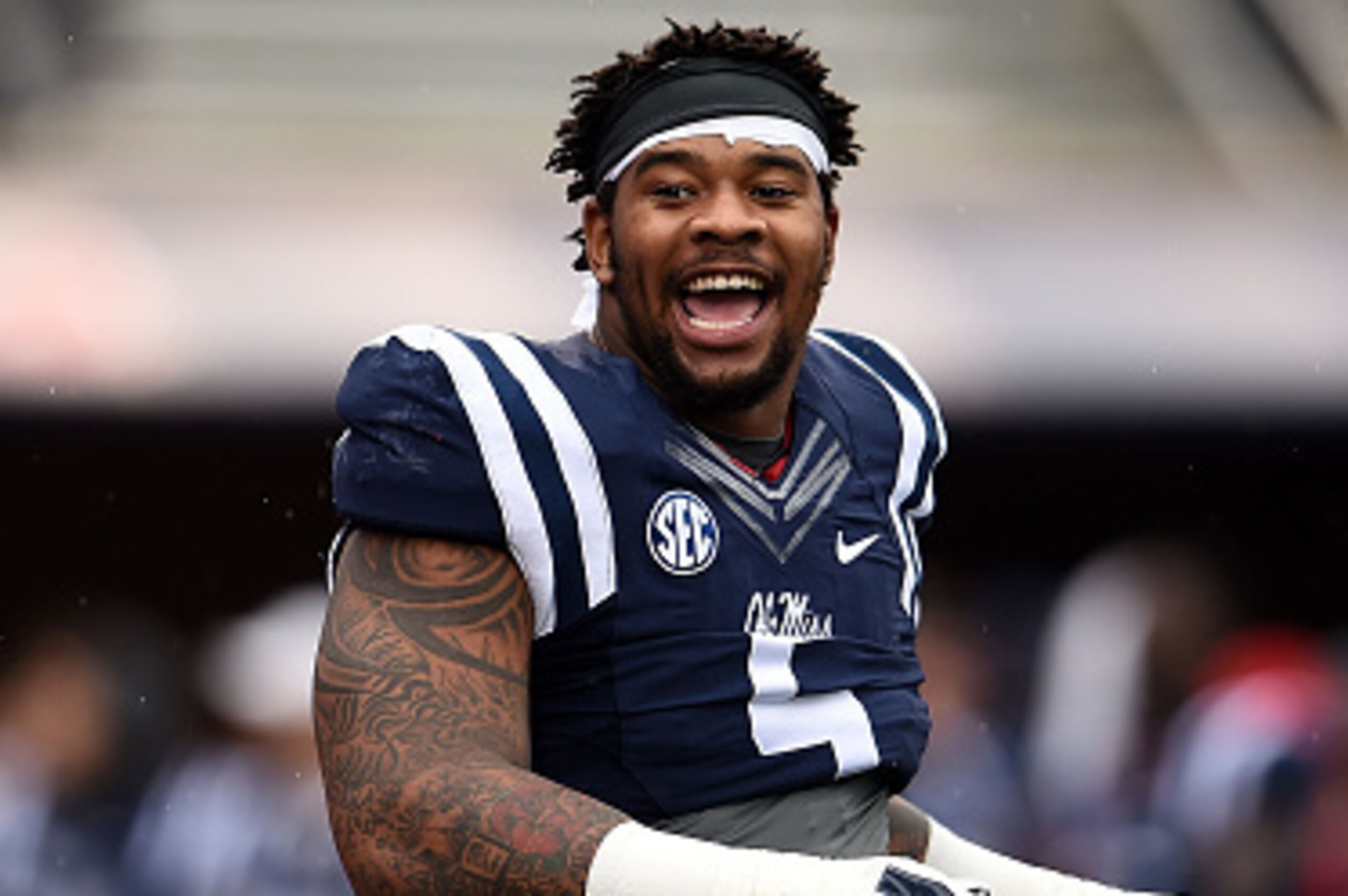 OXFORD, MS - NOVEMBER 07:  Robert Nkemdiche #5 of the Mississippi Rebels participates in warmups prior to a game against the Arkansas Razorbacks at Vaught-Hemingway Stadium on November 7, 2015 in Oxford, Mississippi.  (Photo by Stacy Revere/Getty Images)