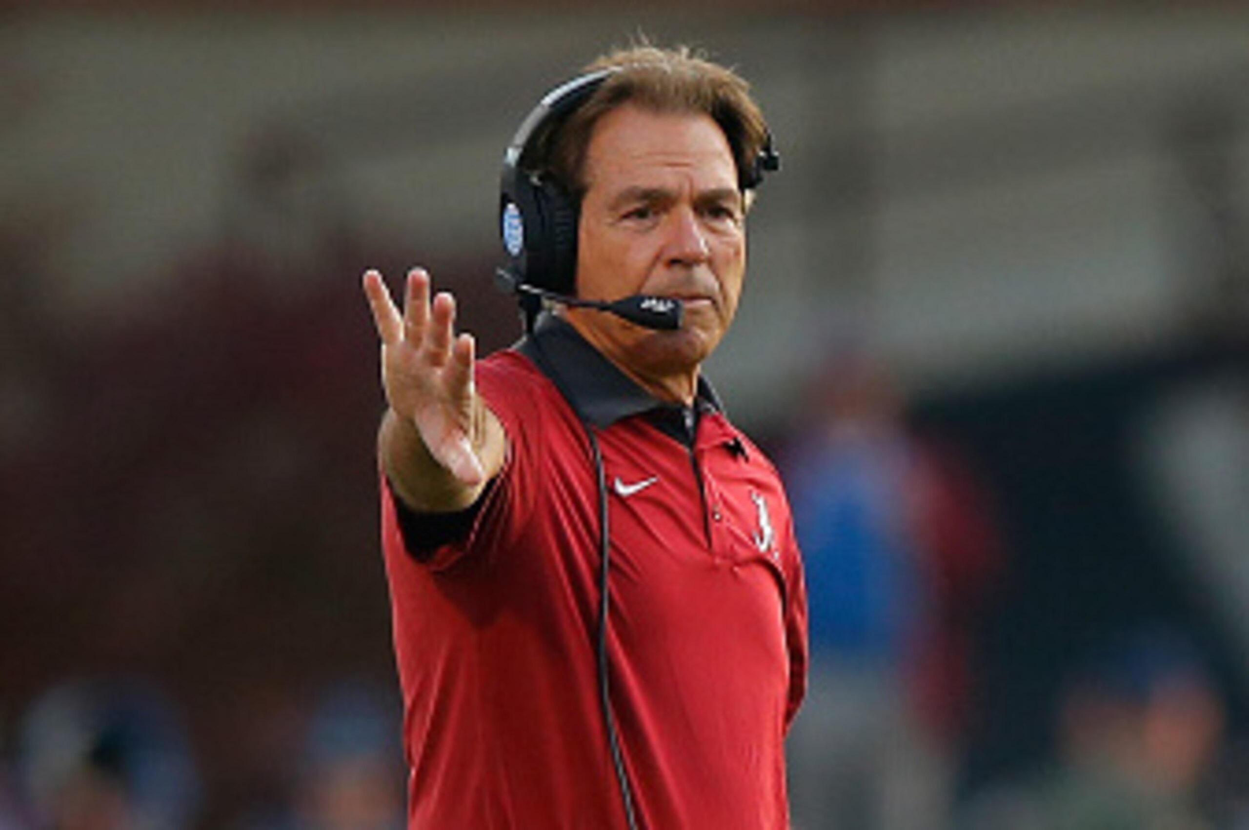 STARKVILLE, MS - NOVEMBER 14:  Head coach Nick Saban of the Alabama Crimson Tide motions to the sideline during the game against the Mississippi State Bulldogs at Davis Wade Stadium on November 14, 2015 in Starkville, Mississippi.  (Photo by Kevin C. Cox/