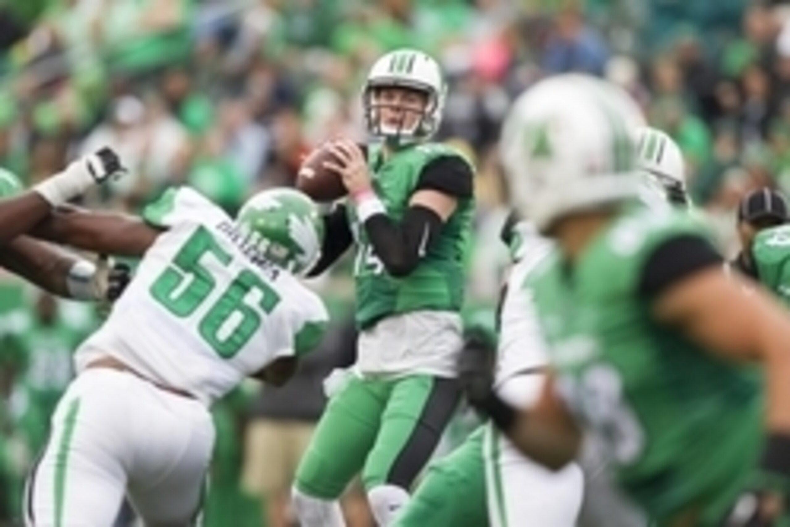 Oct 24, 2015; Huntington, WV, USA; Marshall Thundering Herd quarterback Chase Litton looks to pass against the North Texas Mean Green during the first quarter at Joan C. Edwards Stadium. Mandatory Credit: Ben Queen-USA TODAY Sports