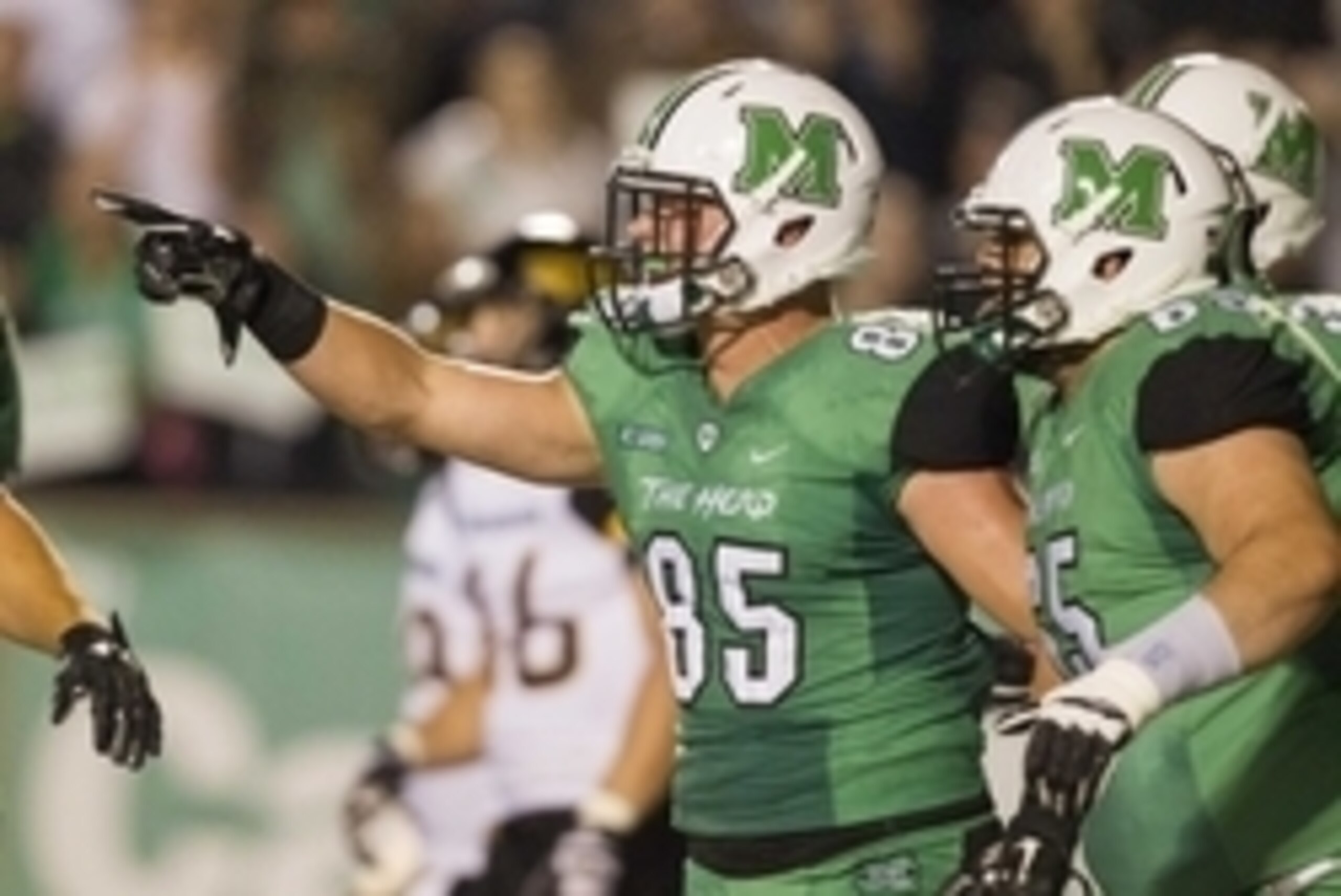 Oct 9, 2015; Huntington, WV, USA; Marshall Thundering Herd tight end Ryan Yurachek (85) celebrates after receiving a touchdown pass from quarterback Chase Litton during the second quarter against the Southern Miss Golden Eagles at Joan C. Edwards Stadium.