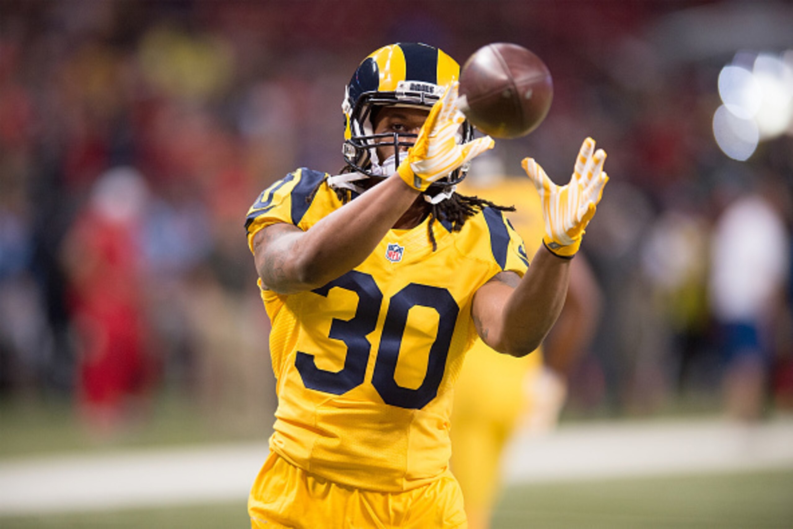 ST. LOUIS, MO - DECEMBER 17: Todd Gurley #30 of the St. Louis Rams makes a catch while warming up prior to a game against the Tampa Bay Buccaneers at the Edward Jones Dome on December 17, 2015 in St. Louis, Missouri. (Photo by Michael B. Thomas/Getty Imag