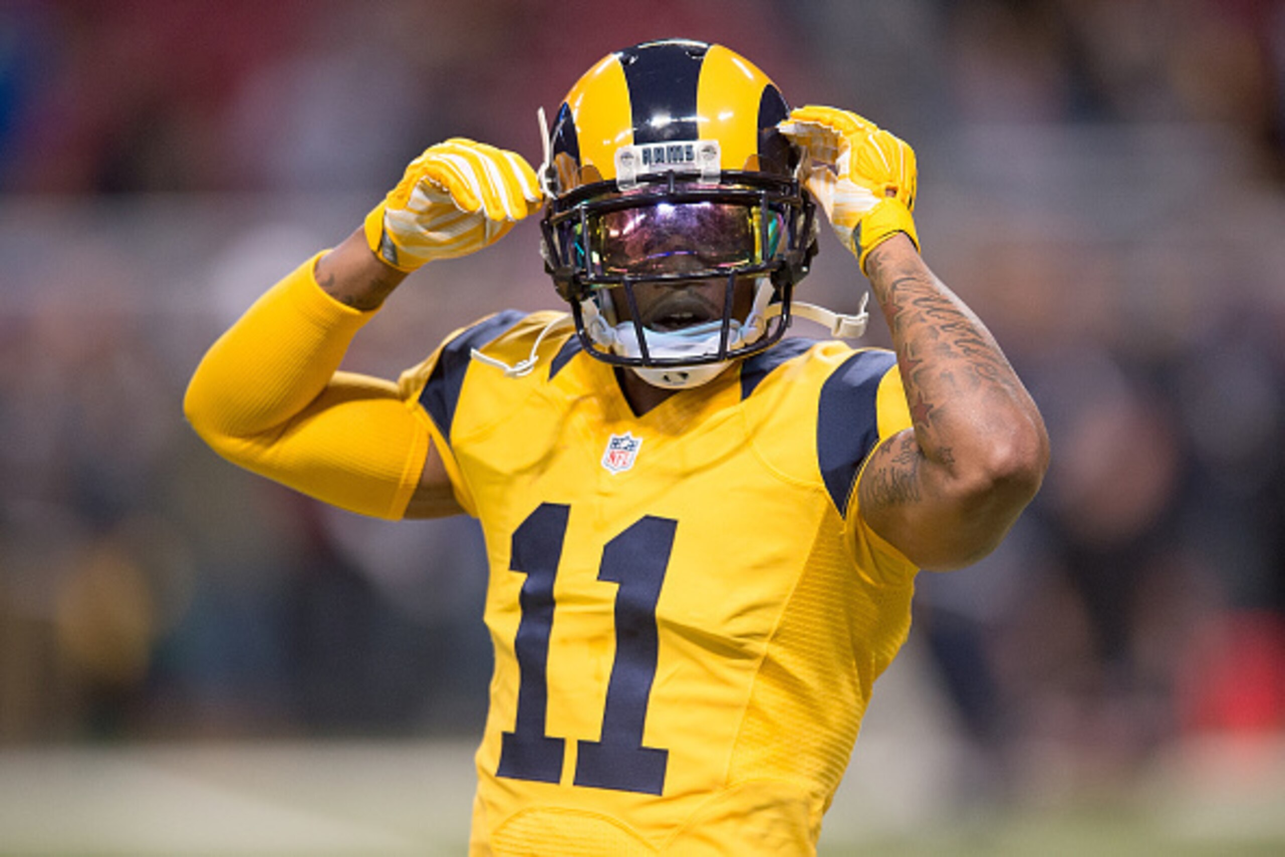 ST. LOUIS, MO - DECEMBER 17: Tavon Austin #11 of the St. Louis Rams adjusts his helmet prior to a game against the Tampa Bay Buccaneers at the Edward Jones Dome on December 17, 2015 in St. Louis, Missouri. (Photo by Michael B. Thomas/Getty Images)