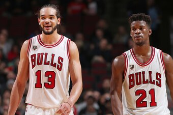 CHICAGO, IL - DECEMBER 2: Joakim Noah #13 and Jimmy Butler #21 of the Chicago Bulls during the game against the Denver Nuggets on December 2, 2015 at United Center in Chicago, Illinois. NOTE TO USER: User expressly acknowledges and agrees that, by downloa