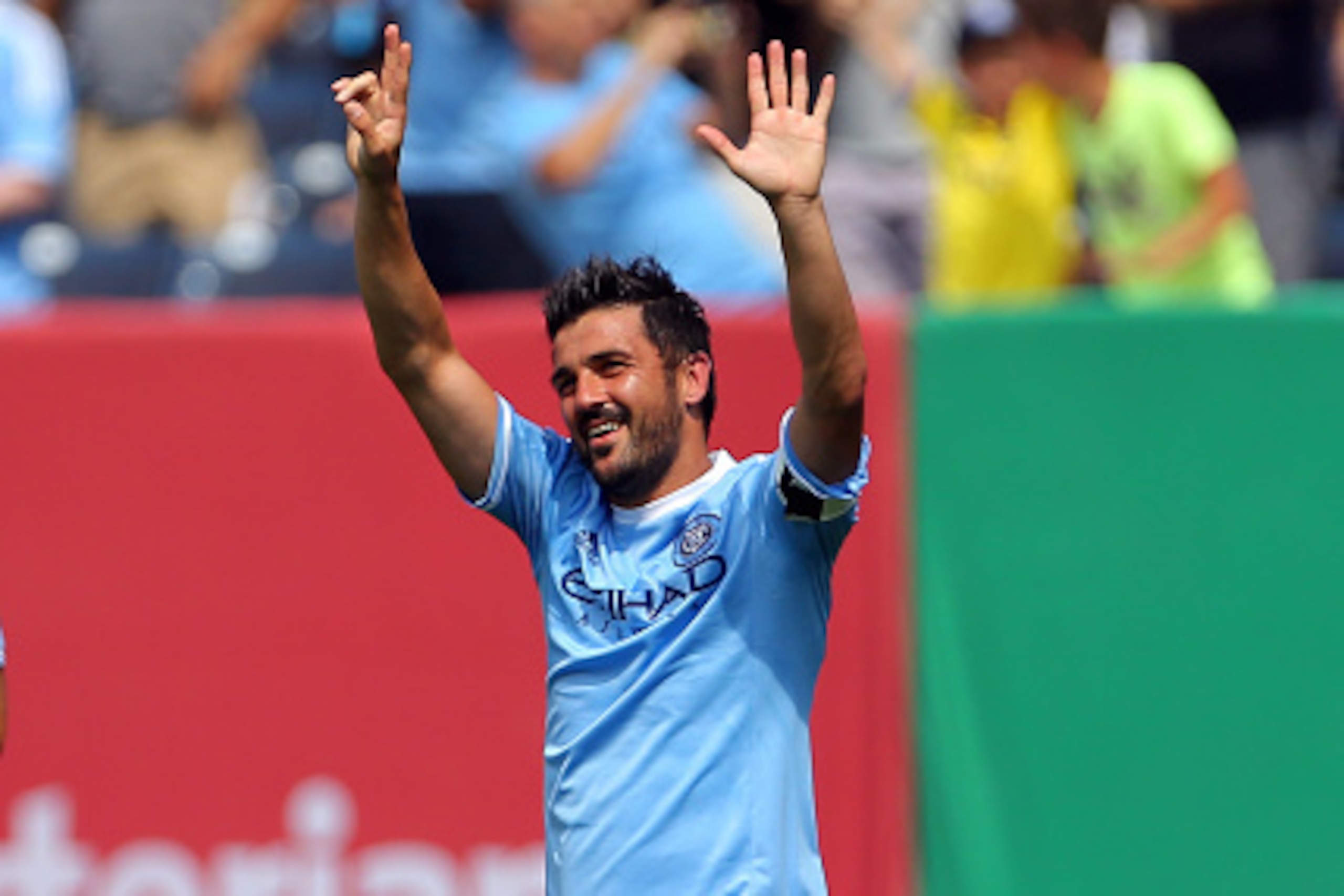 NEW YORK, NY - JULY 12: David Villa #7 of New York City FC celebrates after scoring a goal against the Toronto FC during a soccer game at Yankee Stadium on July 12, 2015 in the Bronx borough of New York City. (Photo by Adam Hunger/Getty Images)