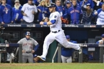 Oct 28, 2015; Kansas City, MO, USA; Kansas City Royals left fielder Alex Gordon scores a run against the New York Mets in the fifth inning in game two of the 2015 World Series at Kauffman Stadium. Mandatory Credit: Peter G. Aiken-USA TODAY Sports
