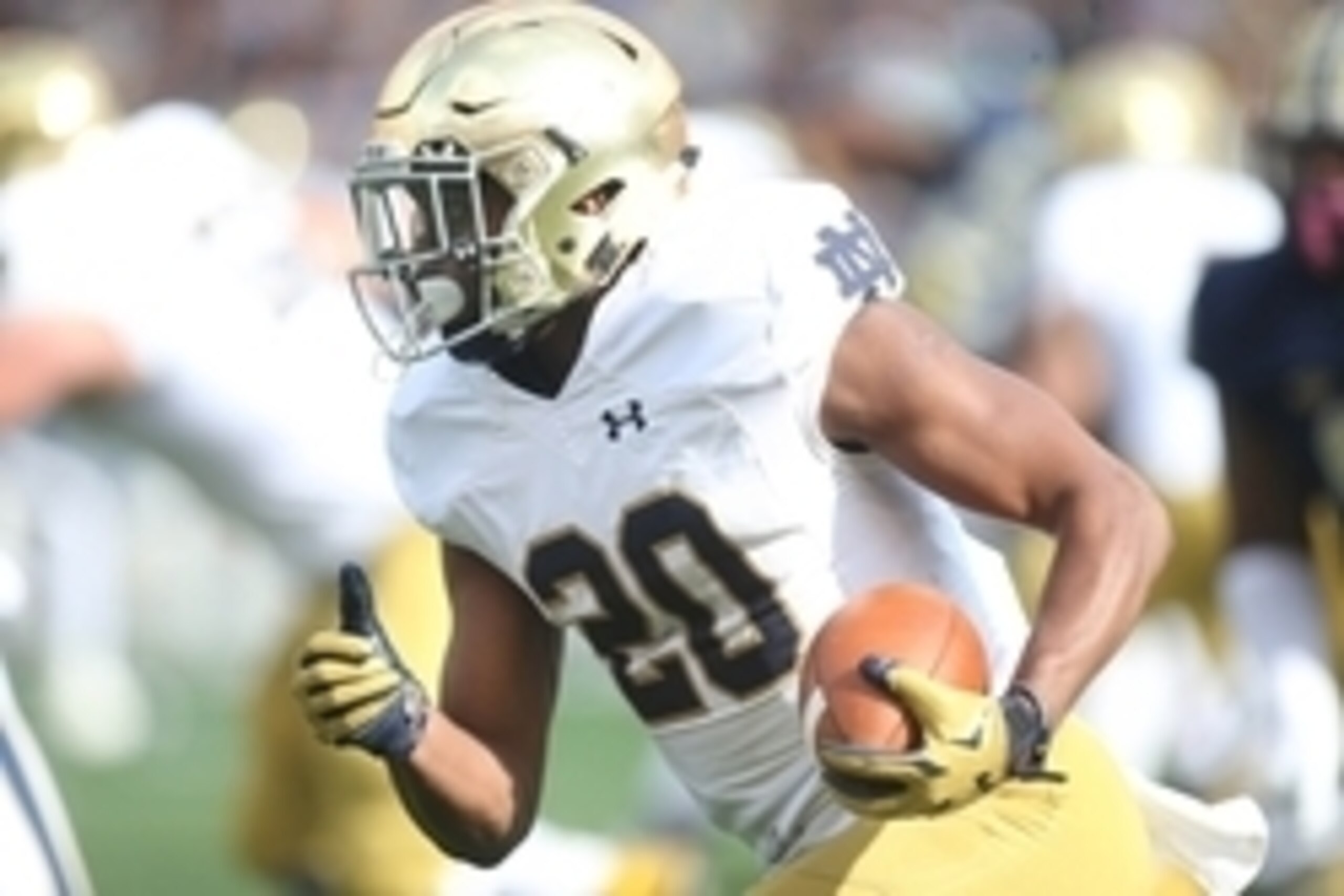 Nov 7, 2015; Pittsburgh, PA, USA; Notre Dame Fighting Irish running back C.J. Prosise (20) runs the ball against the Pittsburgh Panthers during the first quarter at Heinz Field. Notre Dame won 42-30. Mandatory Credit: Charles LeClaire-USA TODAY Sports