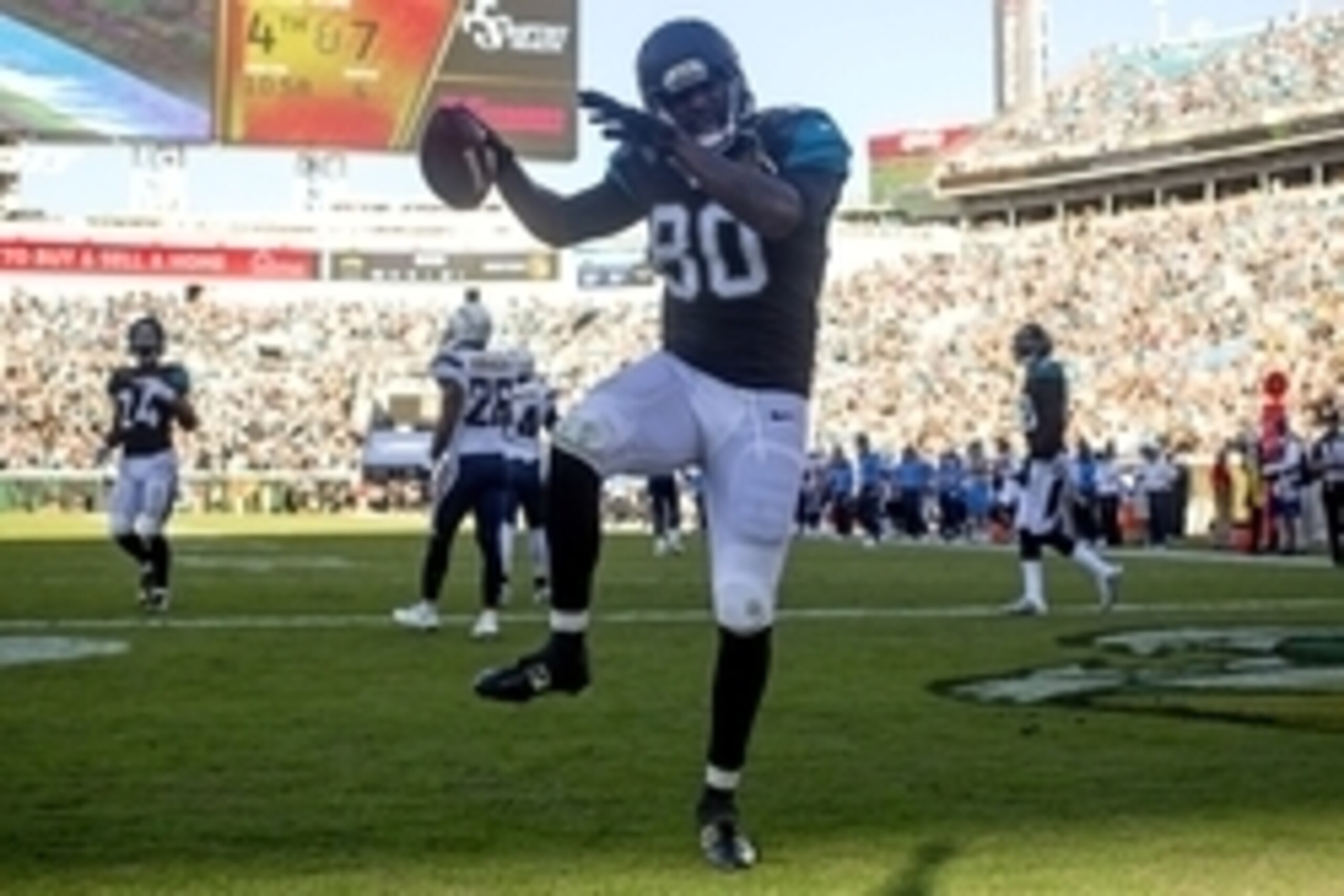Nov 29, 2015; Jacksonville, FL, USA; Jacksonville Jaguars tight end Julius Thomas (80) celebrates after scoring a touchdown in the fourth quarter against the San Diego Chargers at EverBank Field. The San Diego Chargers won 31-24. Mandatory Credit: Logan B