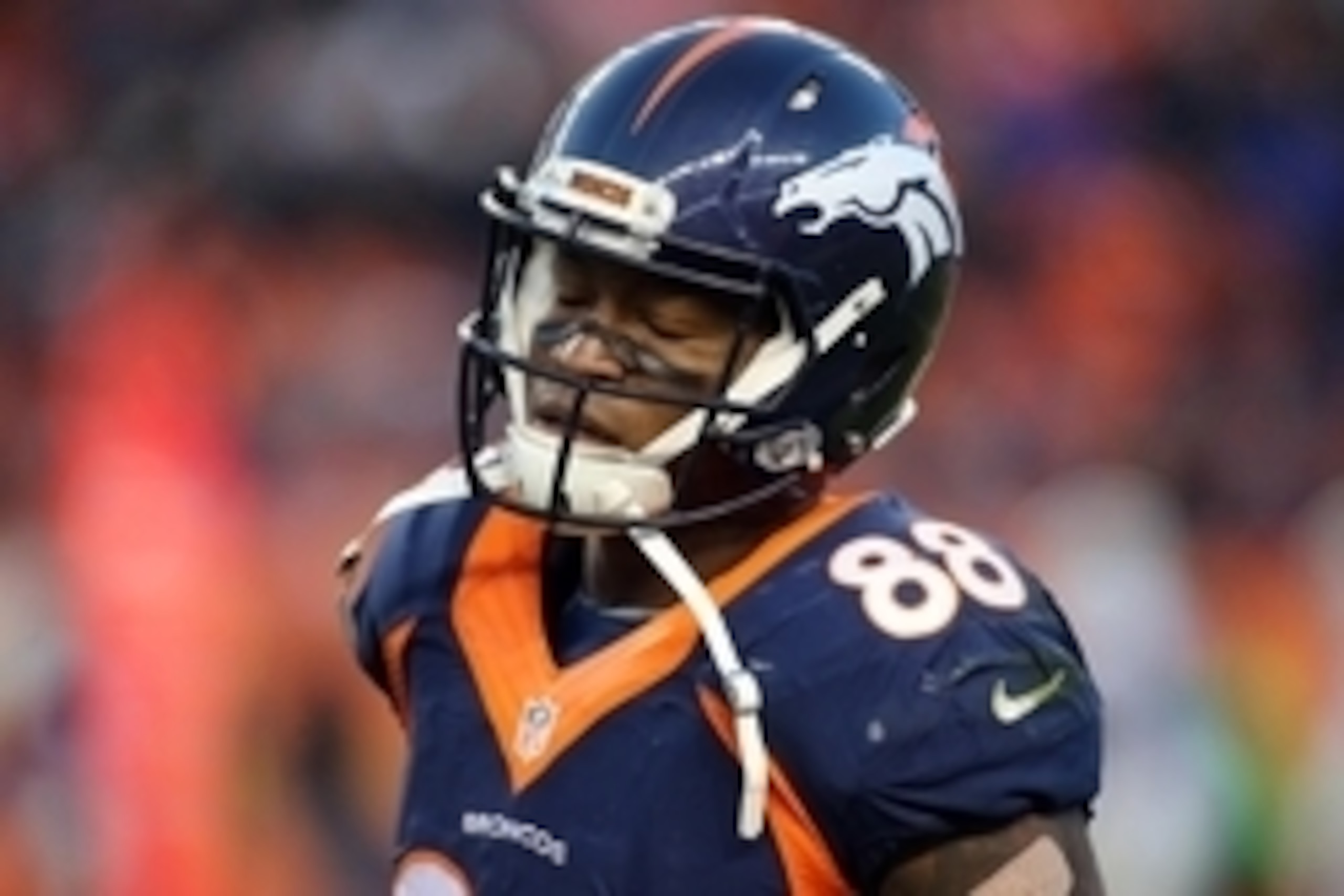 Dec 13, 2015; Denver, CO, USA; Denver Broncos wide receiver Demaryius Thomas (88) reacts during the second half against the Oakland Raiders at Sports Authority Field at Mile High. The Raiders won 15-12. Mandatory Credit: Chris Humphreys-USA TODAY Sports