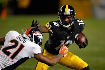 PITTSBURGH, PA - DECEMBER 20:  Martavis Bryant #10 of the Pittsburgh Steelers maneuvers around Aqib Talib #21 of the Denver Broncos during the fourth quarter of the game at Heinz Field on December 20, 2015 in Pittsburgh, Pennsylvania. (Photo by Gregory Sh