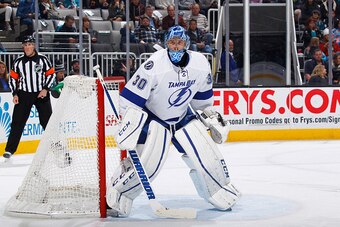 SAN JOSE, CA - DECEMBER 5: Ben Bishop #30 of the Tampa Bay Lightning protects the net against the San Jose Sharks at SAP Center on December 5, 2015 in San Jose, California. (Photo by Rocky W. Widner/NHL/Getty Images)