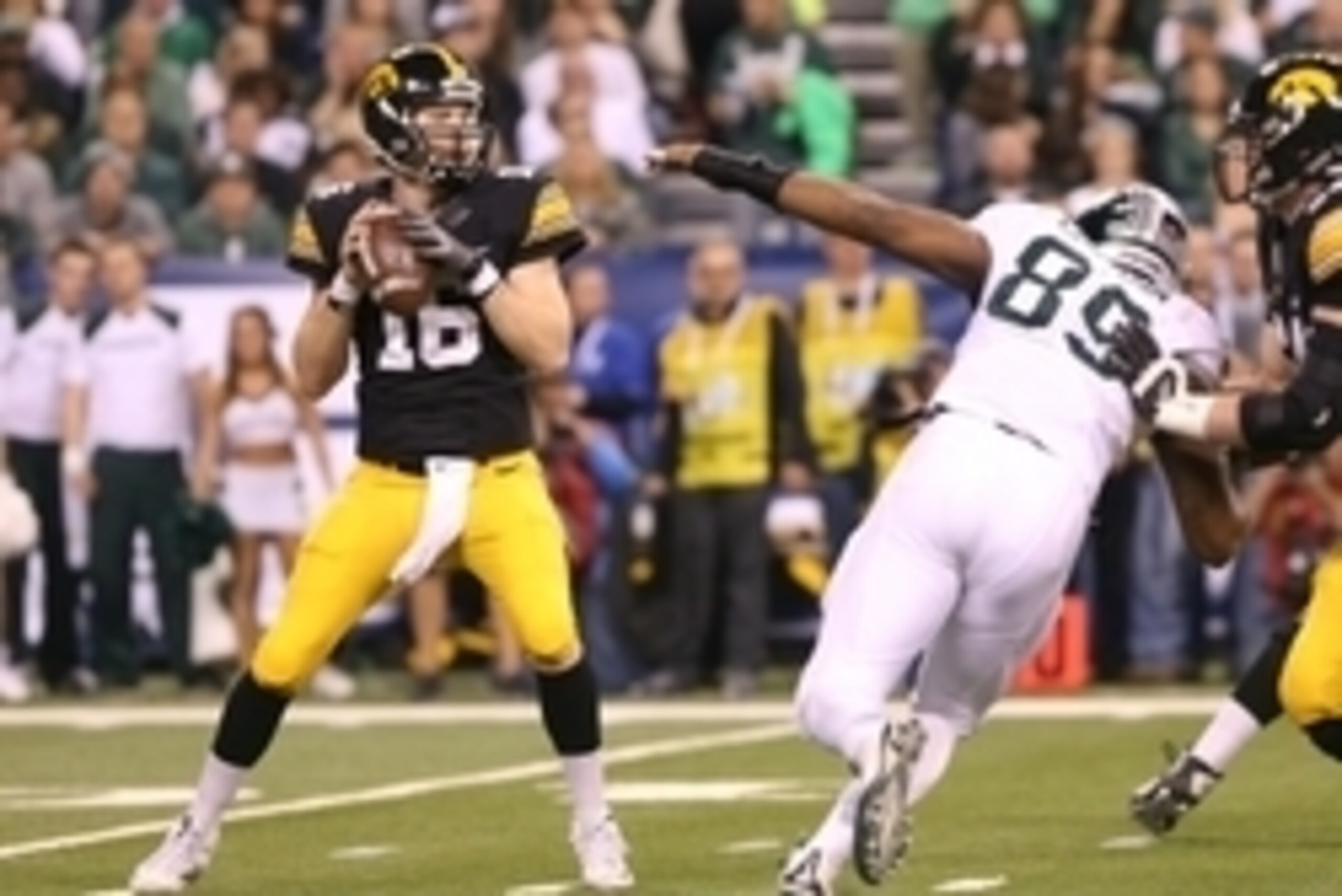 Dec 5, 2015; Indianapolis, IN, USA; Iowa Hawkeyes quarterback C.J. Beathard (16) against the Michigan State Spartans in the Big Ten Conference football championship game at Lucas Oil Stadium. Mandatory Credit: Aaron Doster-USA TODAY Sports