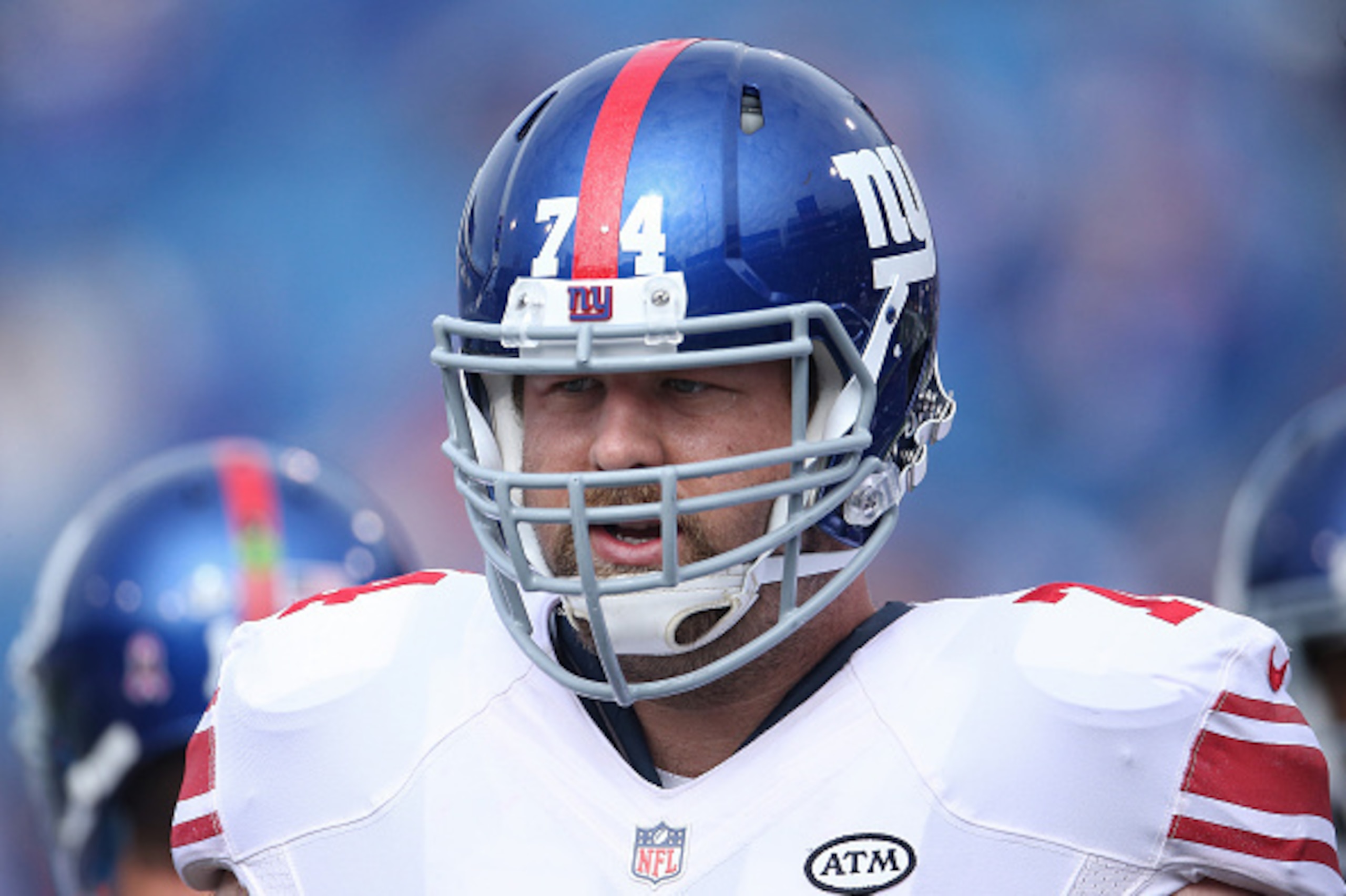 ORCHARD PARK, NY - OCTOBER 4: Geoff Schwartz #74 of the New York Giants warms up before the start of NFL game action against the Buffalo Bills at Ralph Wilson Stadium on October 4, 2015 in Orchard Park, New York. (Photo by Tom Szczerbowski/Getty Images)
