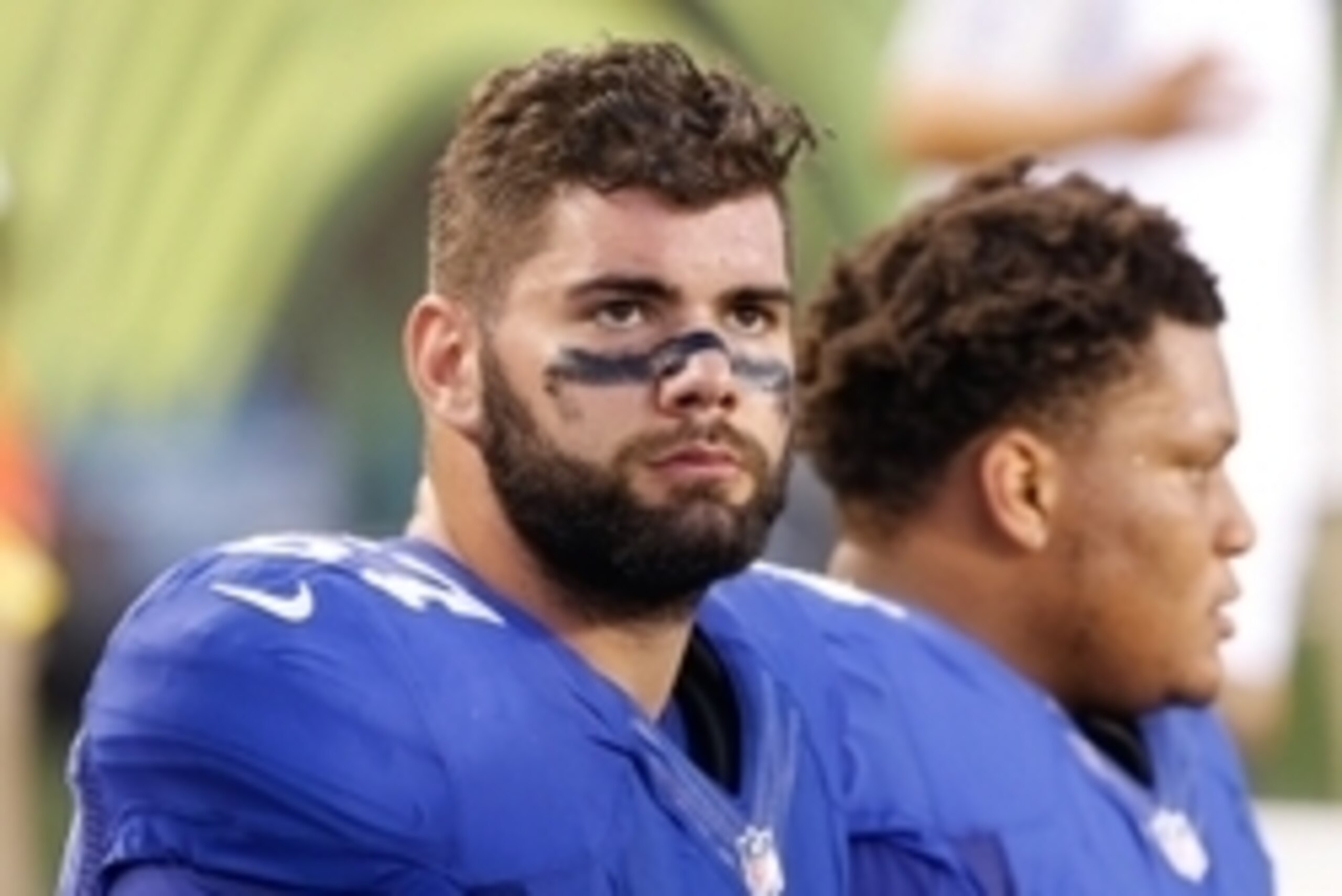 Aug 14, 2015; Cincinnati, OH, USA; New York Giants tackle Justin Pugh (67) against the Cincinnati Bengals in a preseason NFL football game at Paul Brown Stadium. The Bengals won 23-10. Mandatory Credit: Aaron Doster-USA TODAY Sports