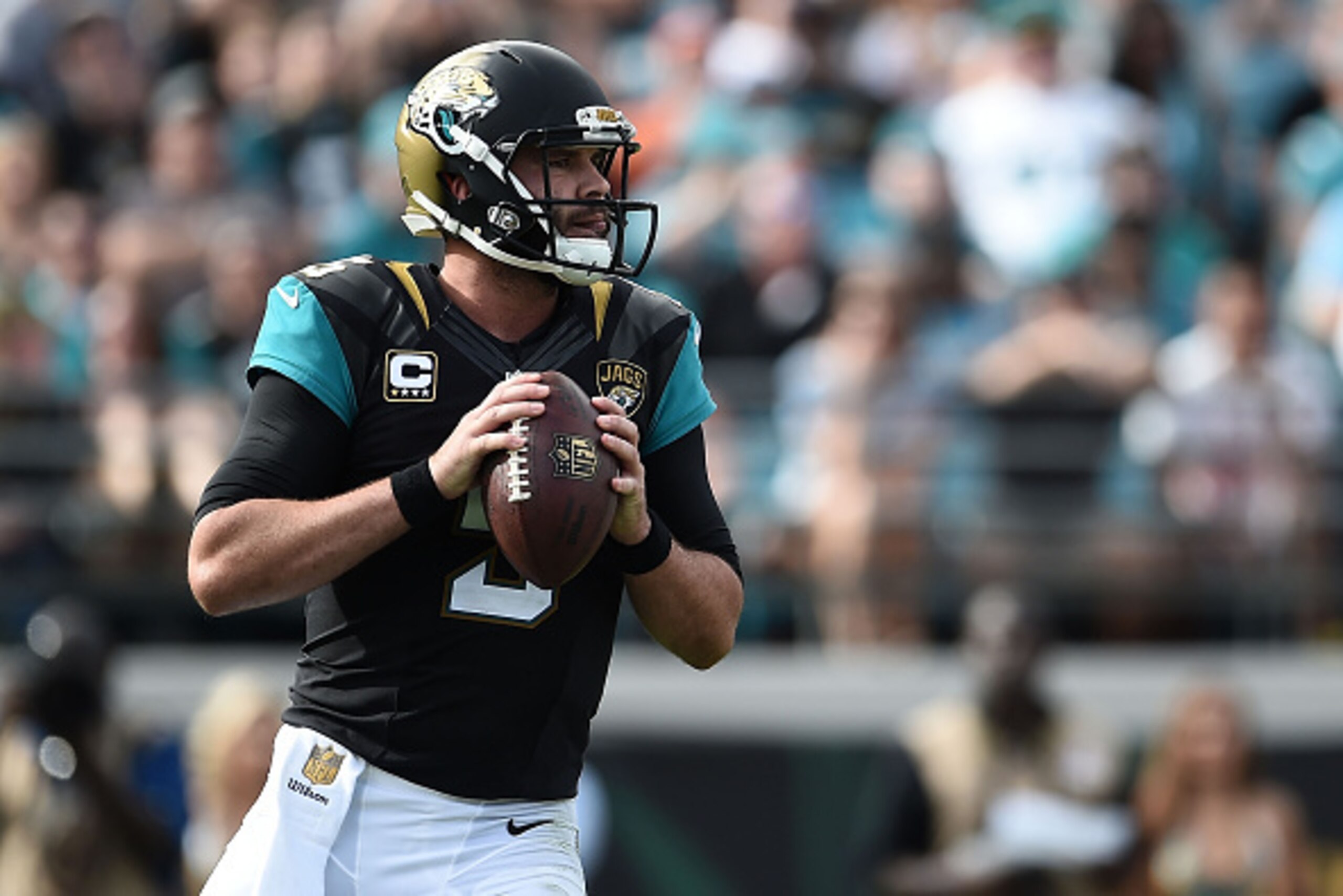 JACKSONVILLE, FL - DECEMBER 13:  Blake Bortles #5 of the Jacksonville Jaguars looks to pass during a game against the Indianapolis Colts at EverBank Field on December 13, 2015 in Jacksonville, Florida.  The Jaguars defeated the Colts 51-16.  (Photo by Sta