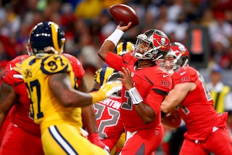 ST. LOUIS, MO - DECEMBER 17: Jameis Winston #3 of the Tampa Bay Buccaneers passes the ball in the third quarter against the St. Louis Rams at the Edward Jones Dome on December 17, 2015 in St. Louis, Missouri. (Photo by Dilip Vishwanat/Getty Images)