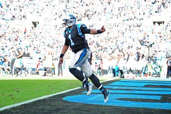 CHARLOTTE, NC - DECEMBER 13: Cam Newton #1 of the Carolina Panthers celebrates after a touchdown against the Atlanta Falcons at Bank Of America Stadium on December 13, 2015 in Charlotte, North Carolina. (Photo by Scott Cunningham/Getty Images)