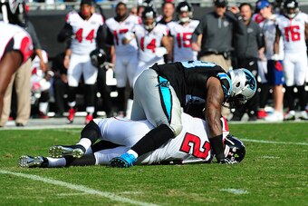 CHARLOTTE, NC - DECEMBER 13: Kawann Short #99 of the Carolina Panthers sacks Matt Ryan #2 of the Atlanta Falcons at Bank Of America Stadium on December 13, 2015 in Charlotte, North Carolina. (Photo by Scott Cunningham/Getty Images)