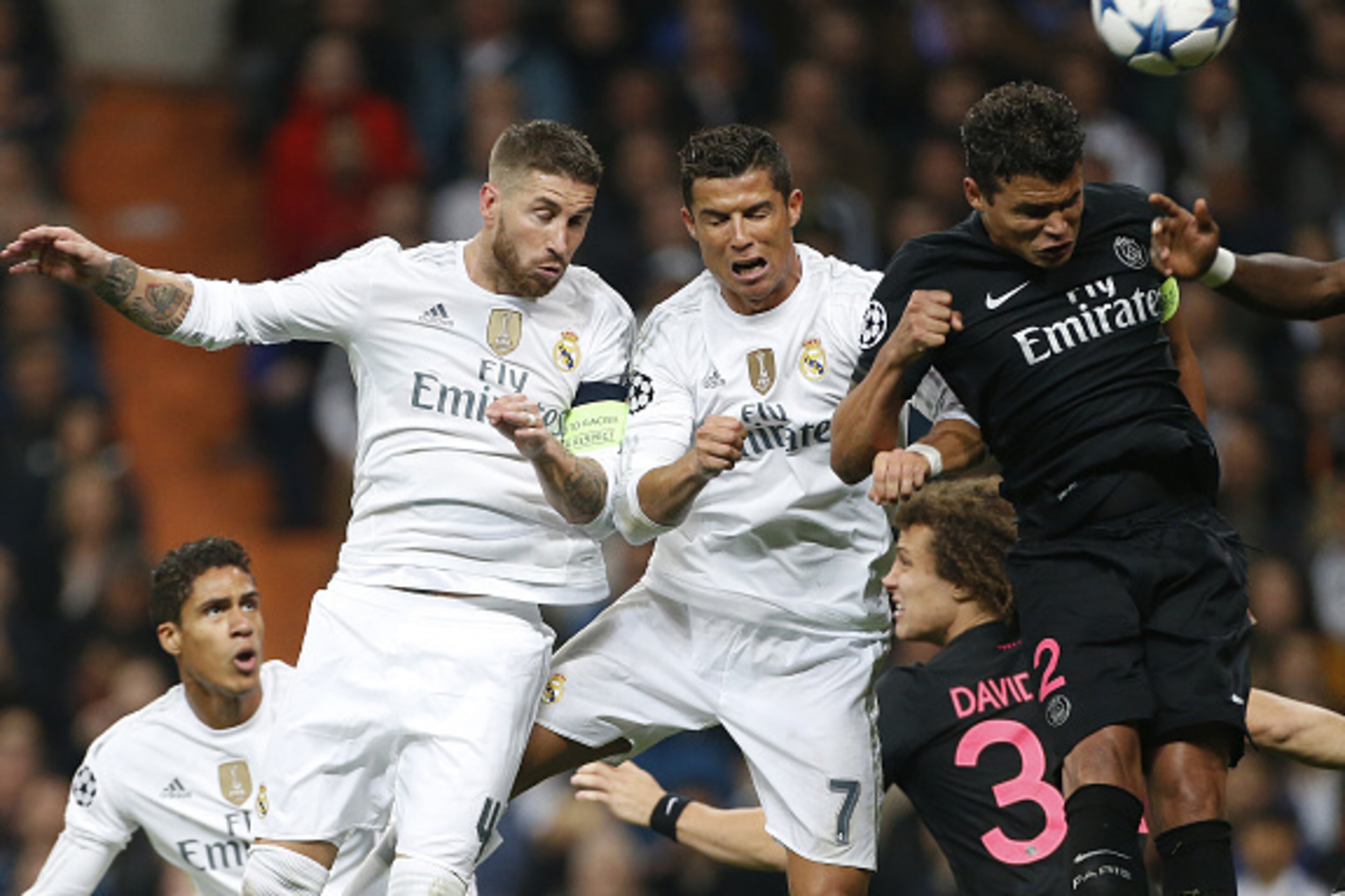 MADRID, SPAIN - NOVEMBER 3: Sergio Ramos, Cristiano Ronaldo of Real Madrid, Thiago Silva of PSG in action during the UEFA Champions League match between Real Madrid and Paris Saint-Germain (PSG) at Santiago Bernabeu stadium on November 3, 2015 in Madrid, MADRID, SPAIN - NOVEMBER 3: Sergio Ramos, Cristiano Ronaldo of Real Madrid, Thiago Silva of PSG in action during the UEFA Champions League match between Real Madrid and Paris Saint-Germain (PSG) at Santiago Bernabeu stadium on November 3, 2015 in Madrid,