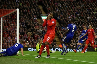 LIVERPOOL, ENGLAND - DECEMBER 26:  Divock Origi of Liverpool reacts after a chance on goal during the Barclays Premier League match between Liverpool and Leicester City at Anfield on December 26, 2015 in Liverpool, England.  (Photo by Chris Brunskill/Gett
