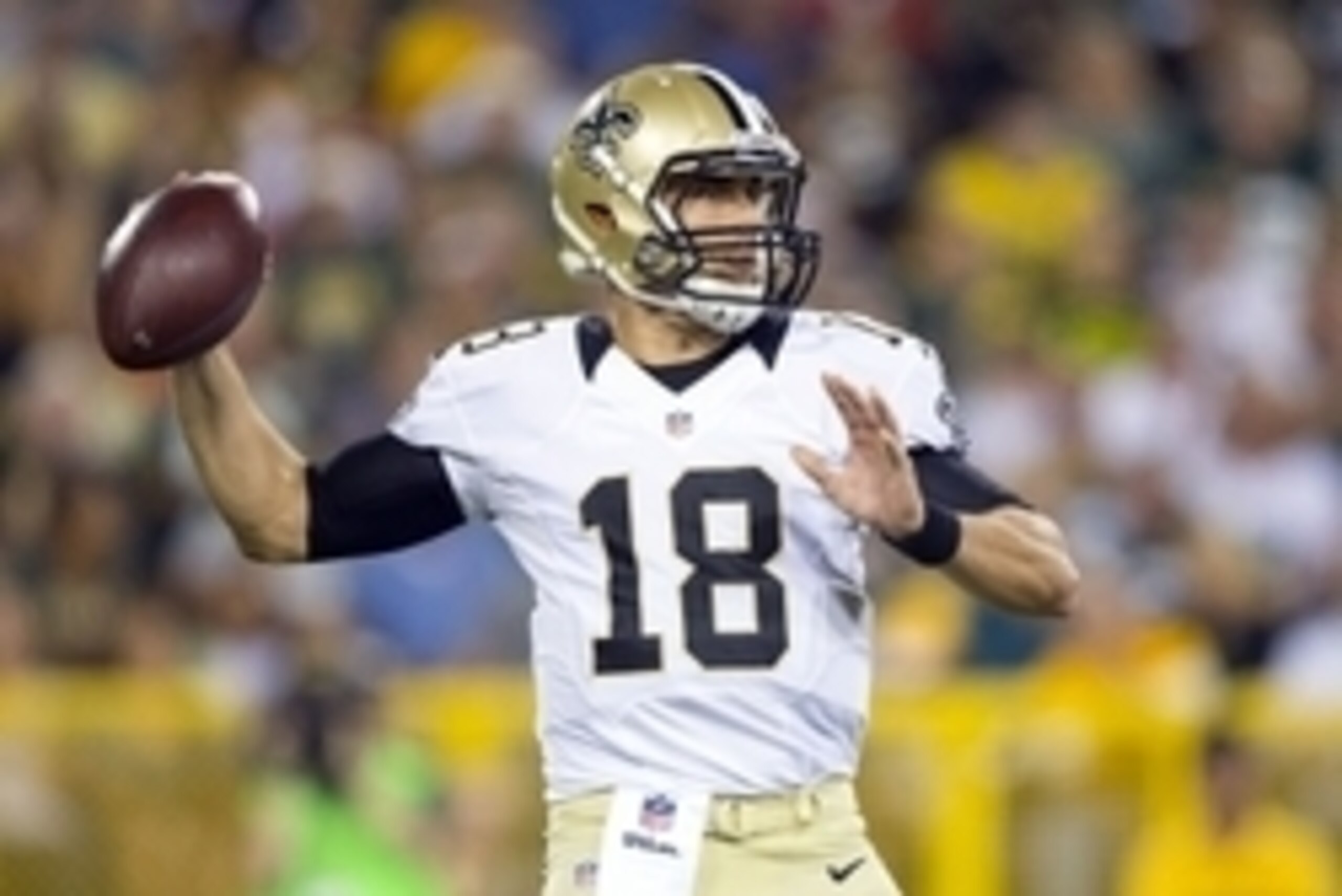Sep 3, 2015; Green Bay, WI, USA; New Orleans Saints quarterback Garrett Grayson (18) throws a pass during the third quarter against the Green Bay Packers at Lambeau Field. Mandatory Credit: Jeff Hanisch-USA TODAY Sports