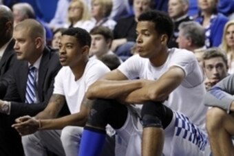 Nov 30, 2015; Lexington, KY, USA; Kentucky Wildcats guard Tyler Ulis (3) and forward Skal Labissiere (1) sit on the bench during the game against the Illinois State Redbirds in the second half at Rupp Arena. Mandatory Credit: Mark Zerof-USA TODAY Sports
