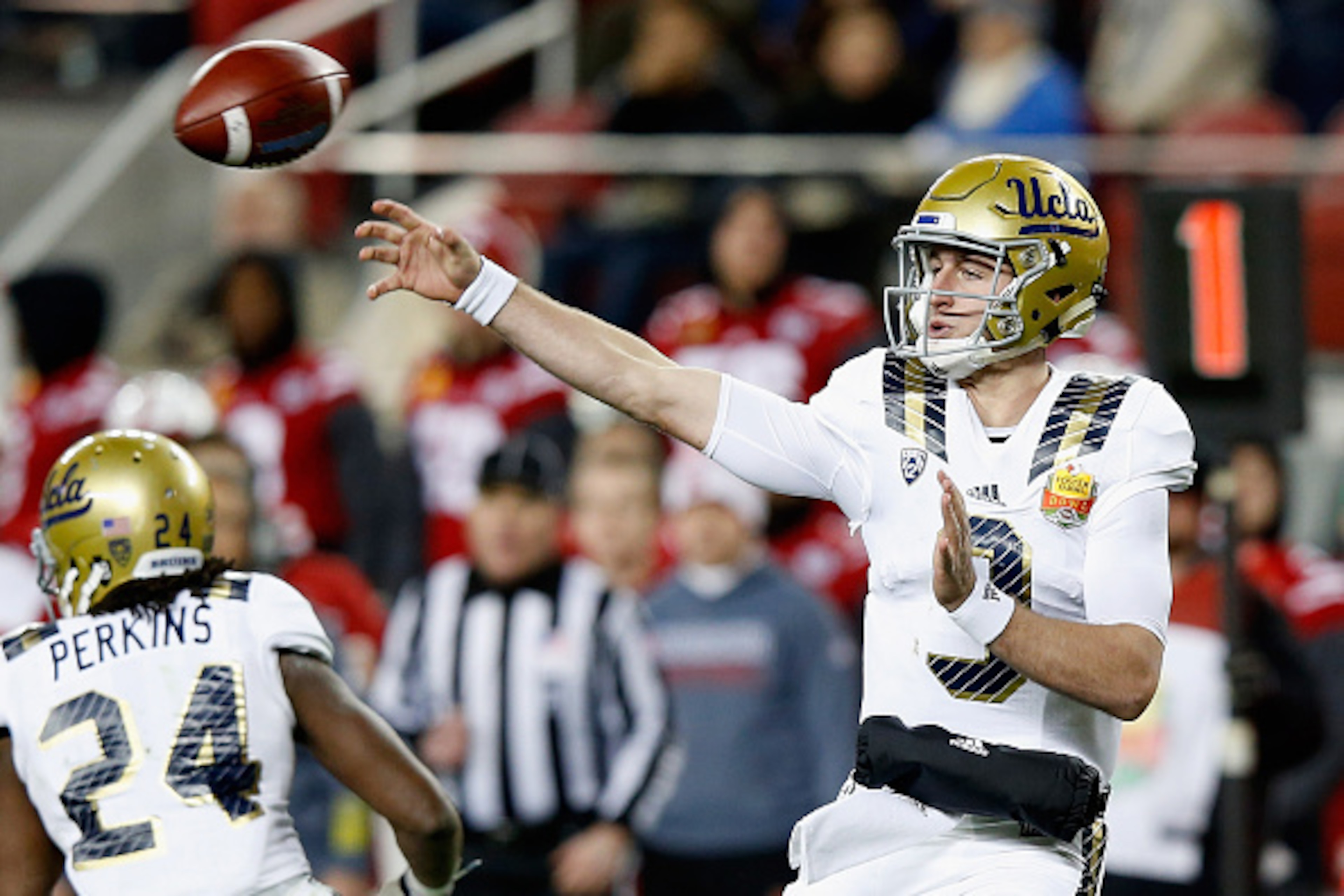 SANTA CLARA, CA - DECEMBER 26:  Josh Rosen #3 of the UCLA Bruins throws the ball against the Nebraska Cornhuskers during the Foster Farms Bowl at Levi's Stadium on December 26, 2015 in Santa Clara, California.  (Photo by Ezra Shaw/Getty Images)