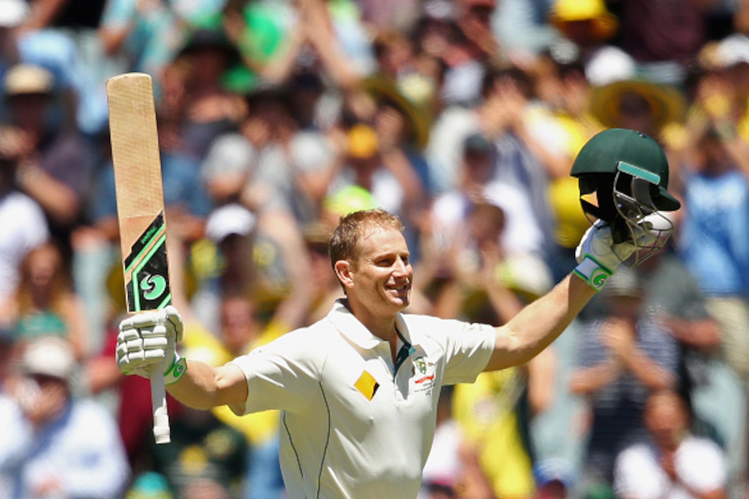 MELBOURNE, AUSTRALIA - DECEMBER 27:  Adam Voges of Australia celebrates making a century  during day two of the Second Test match between Australia and the West Indies at Melbourne Cricket Ground on December 27, 2015 in Melbourne, Australia.  (Photo by Qu