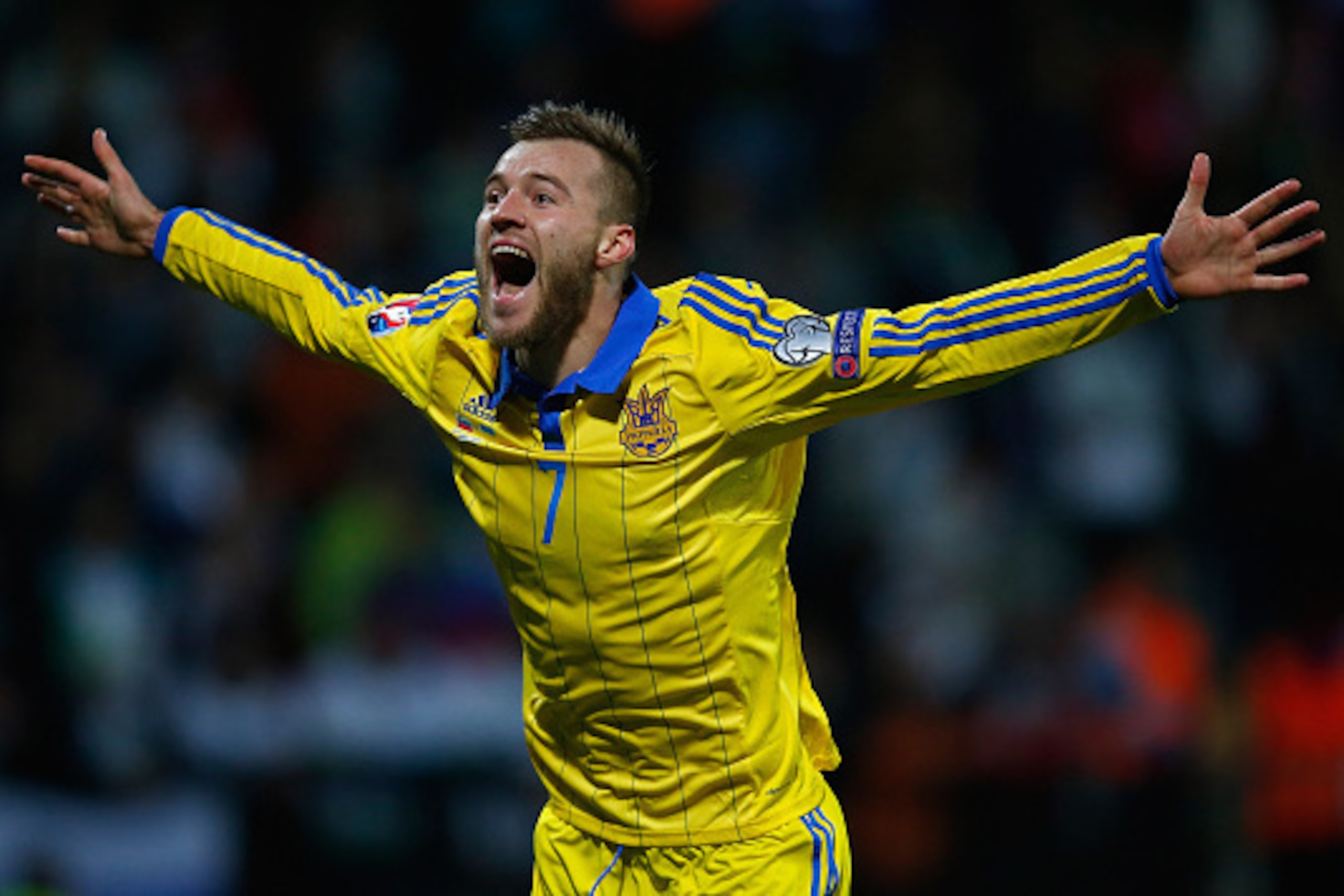 MARIBOR, SLOVENIA - NOVEMBER 17: Andriy Yarmolenko of Ukraine celebrates his goal and qualification during the UEFA EURO 2016 qualifier play-off second leg match between Slovenia and Ukraine at Ljudski Vrt Stadium on November 17, 2015 in Maribor, Sloveni MARIBOR, SLOVENIA - NOVEMBER 17: Andriy Yarmolenko of Ukraine celebrates his goal and qualification during the UEFA EURO 2016 qualifier play-off second leg match between Slovenia and Ukraine at Ljudski Vrt Stadium on November 17, 2015 in Maribor, Sloveni