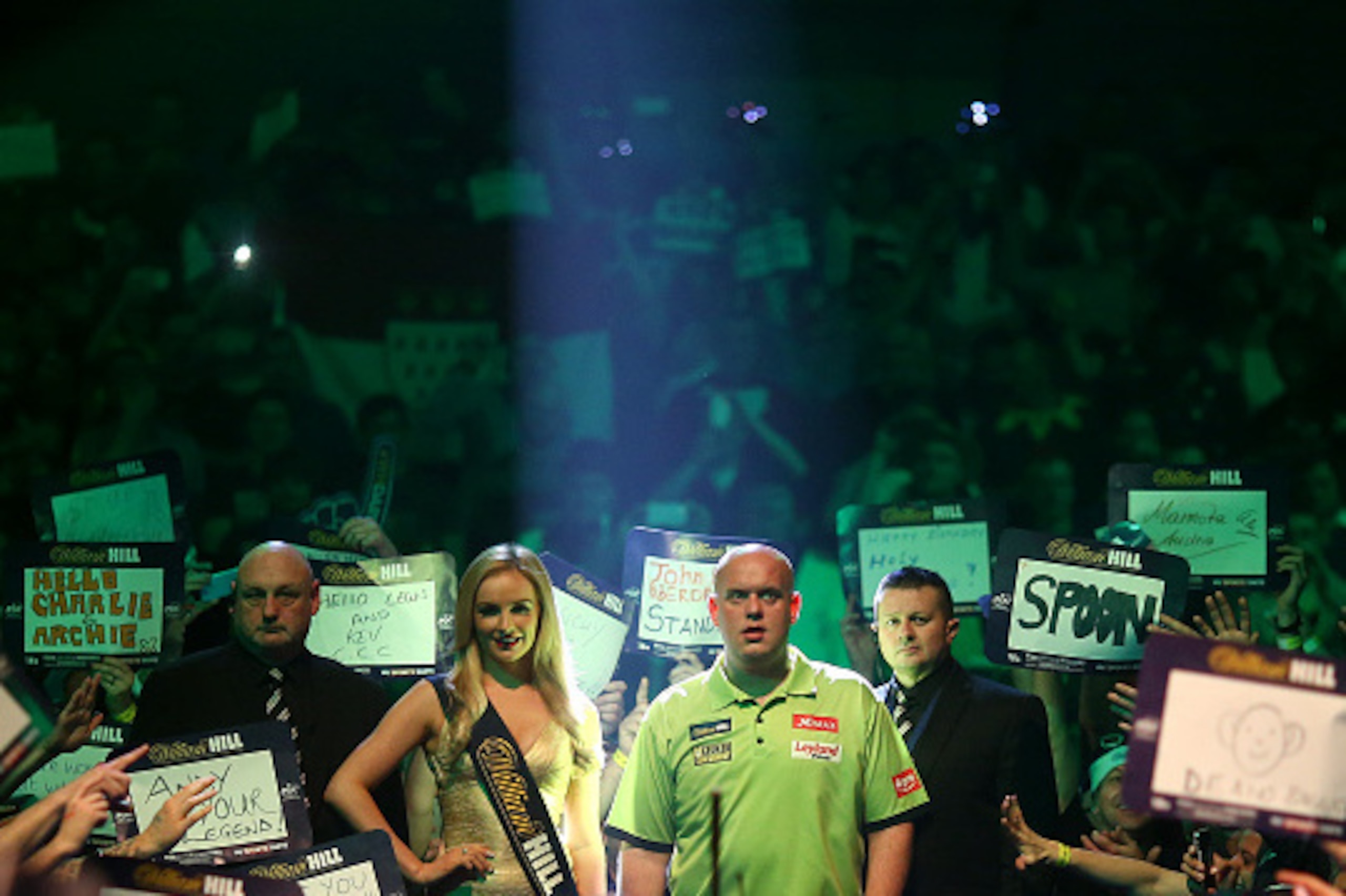 LONDON, ENGLAND - DECEMBER 27: Michael van Gerwen of Holland makes his entrance during his second round match against Darren Webster of England during the 2016 William Hill PDC World Darts Championships on Day Nine at Alexandra Palace on December 27, 2015