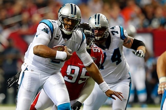 ATLANTA, GA - DECEMBER 27:  Cam Newton #1 of the Carolina Panthers runs the ball during the second half against the Atlanta Falcons at the Georgia Dome on December 27, 2015 in Atlanta, Georgia.  (Photo by Kevin C. Cox/Getty Images)